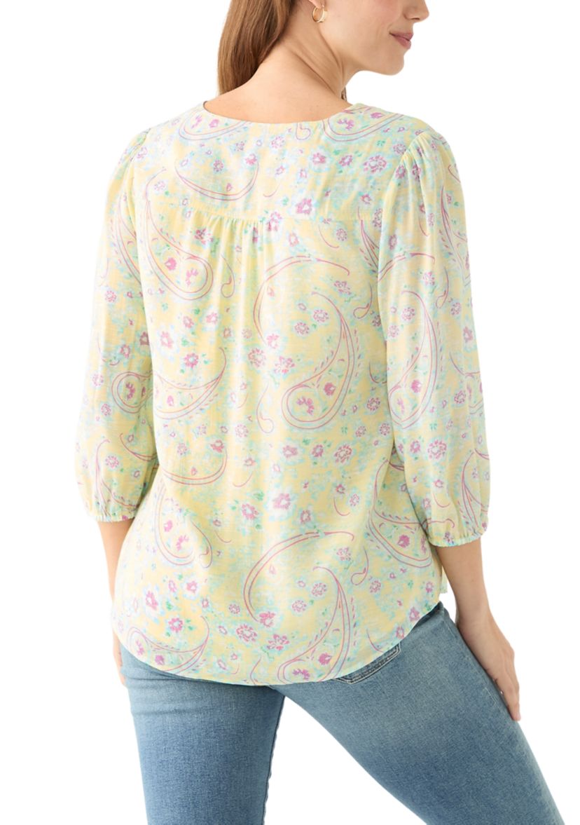Womens 3/4 Sleeve V-Neck Woven Top