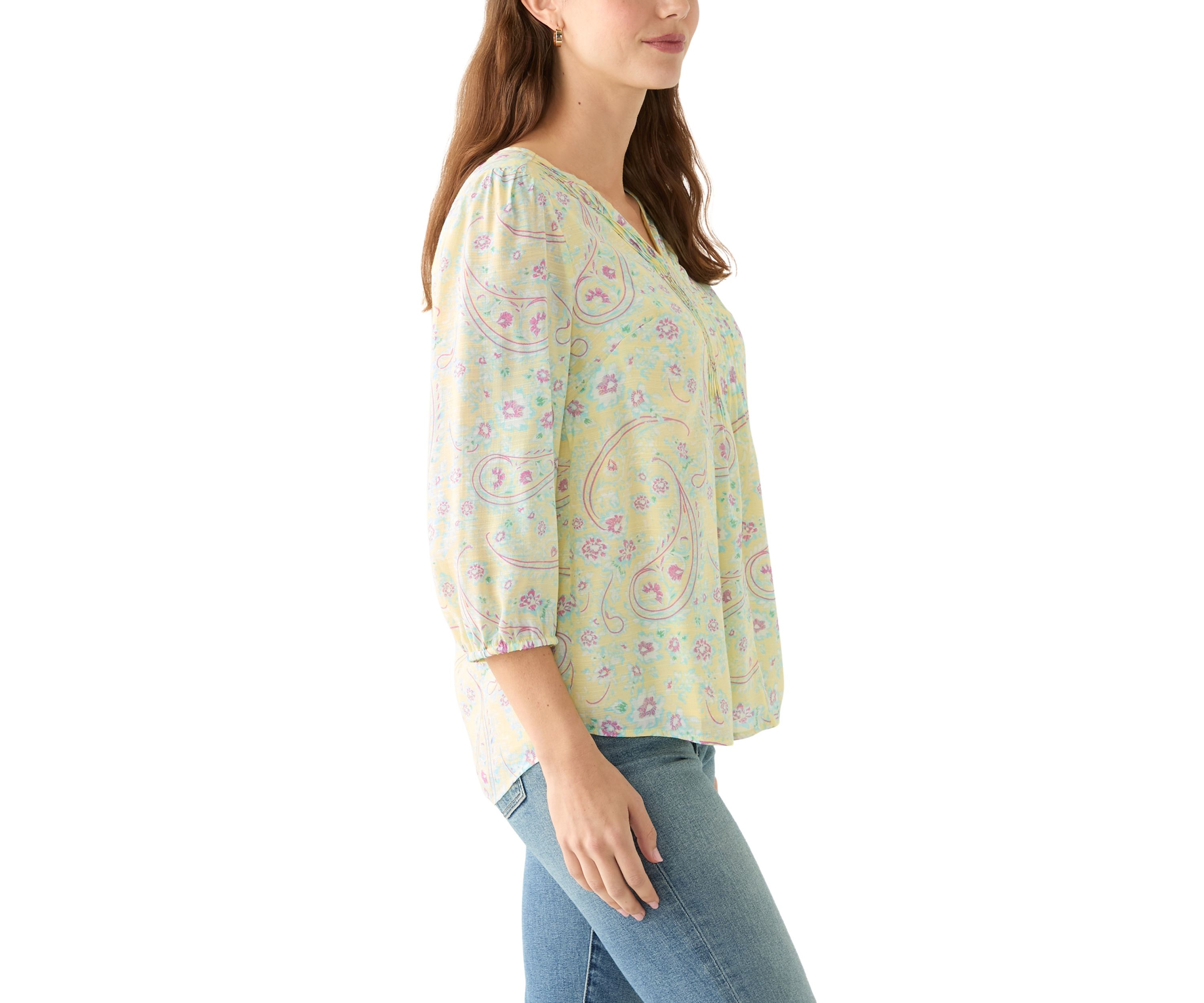 Womens 3/4 Sleeve V-Neck Woven Top