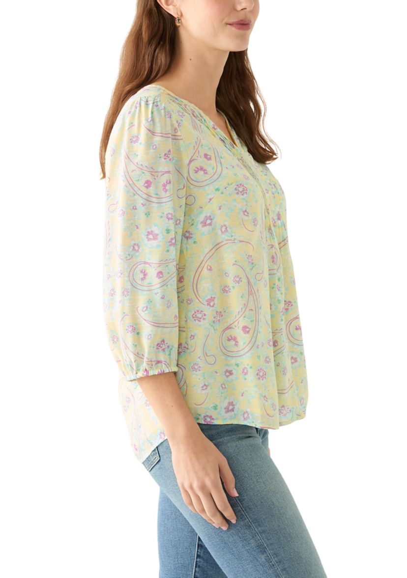 Womens 3/4 Sleeve V-Neck Woven Top