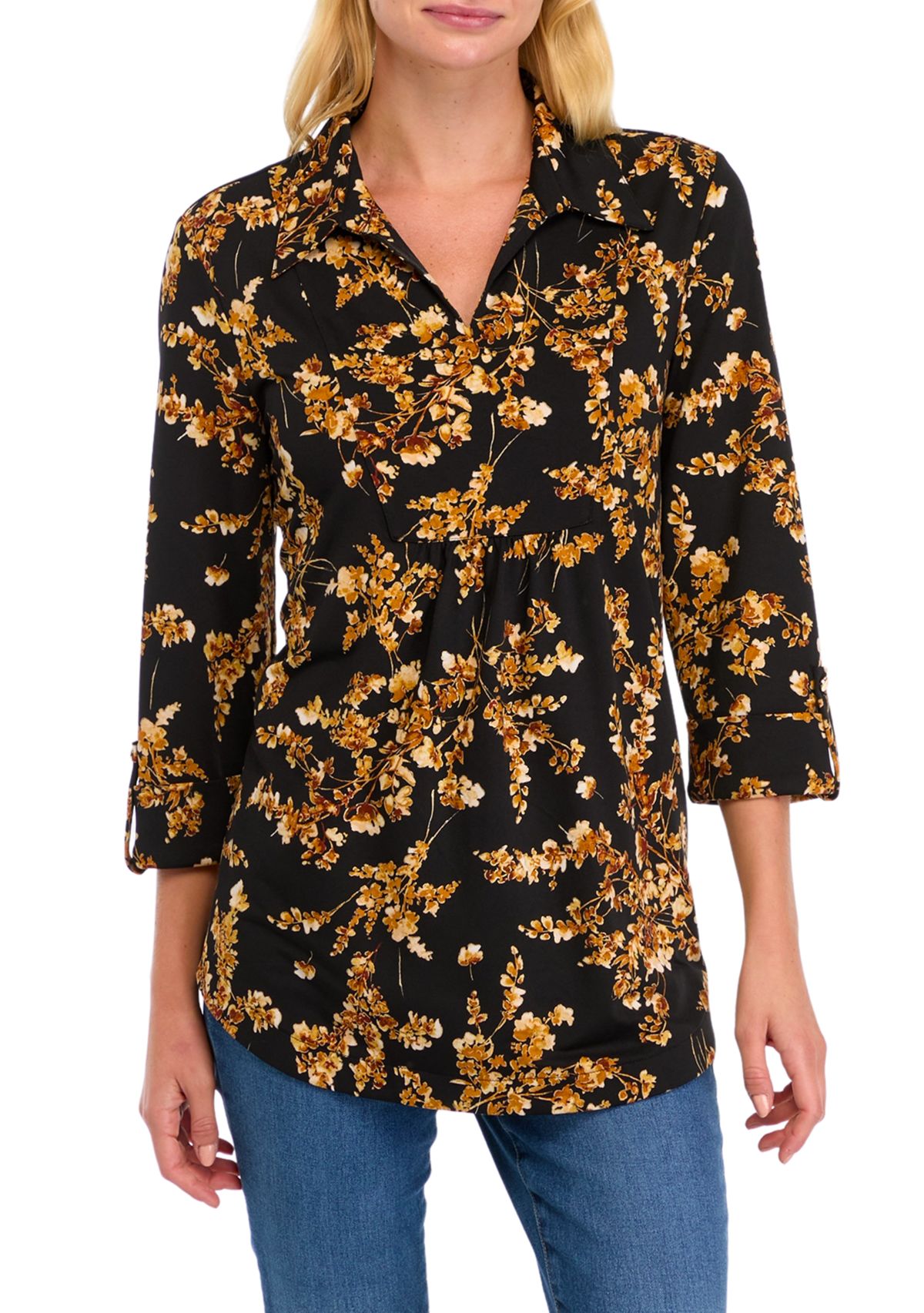 Womens 3/4 Sleeve Floral Split Neck Top 