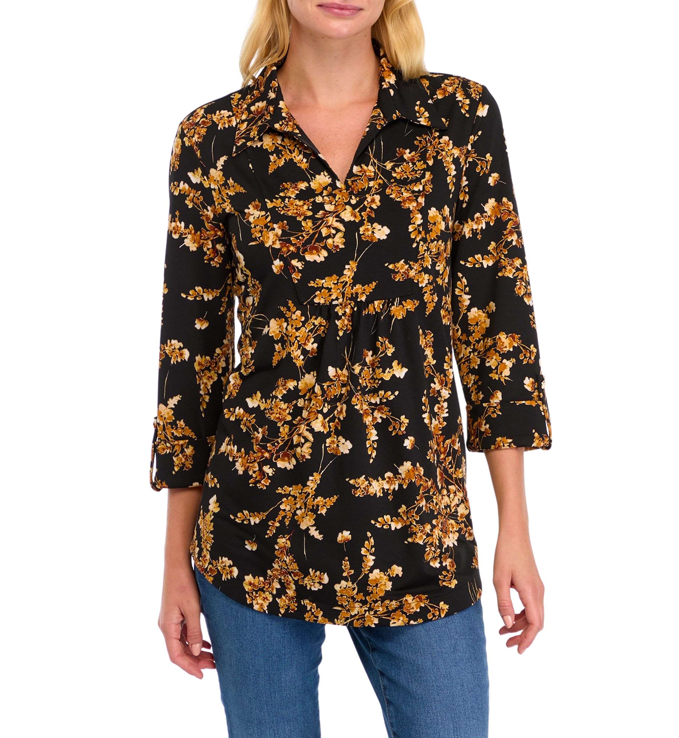 Womens 3/4 Sleeve Floral Split Neck Top 