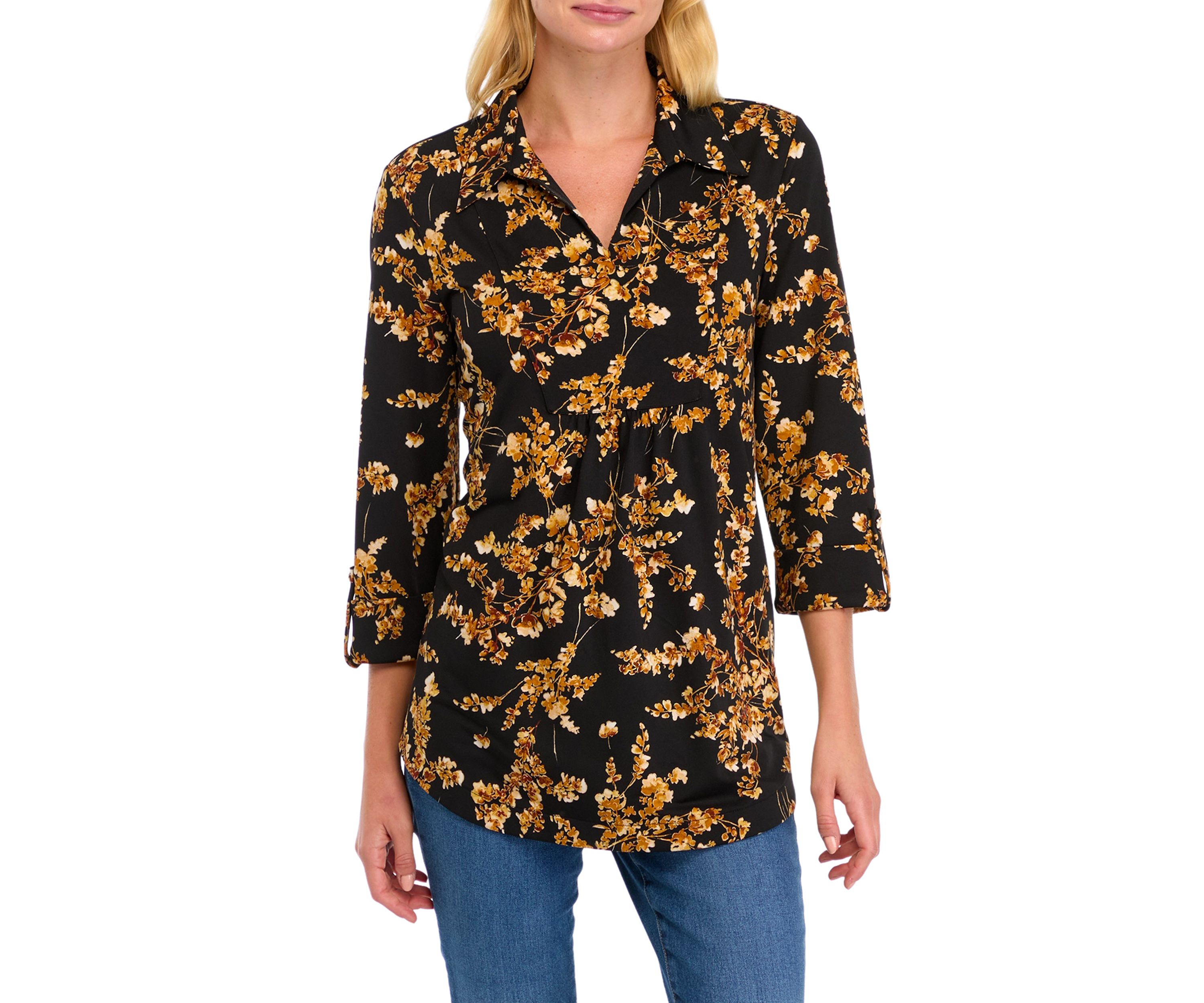 Womens 3/4 Sleeve Floral Split Neck Top 