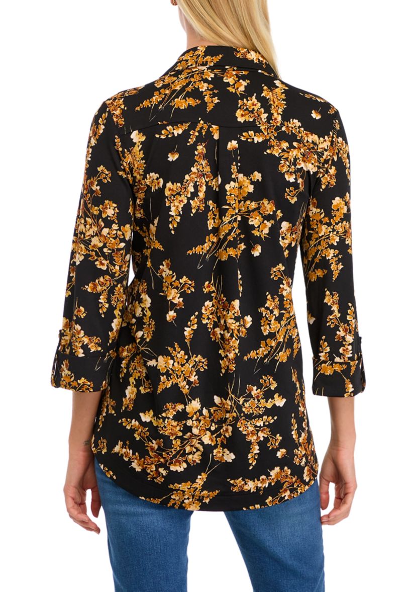 Womens 3/4 Sleeve Floral Split Neck Top 