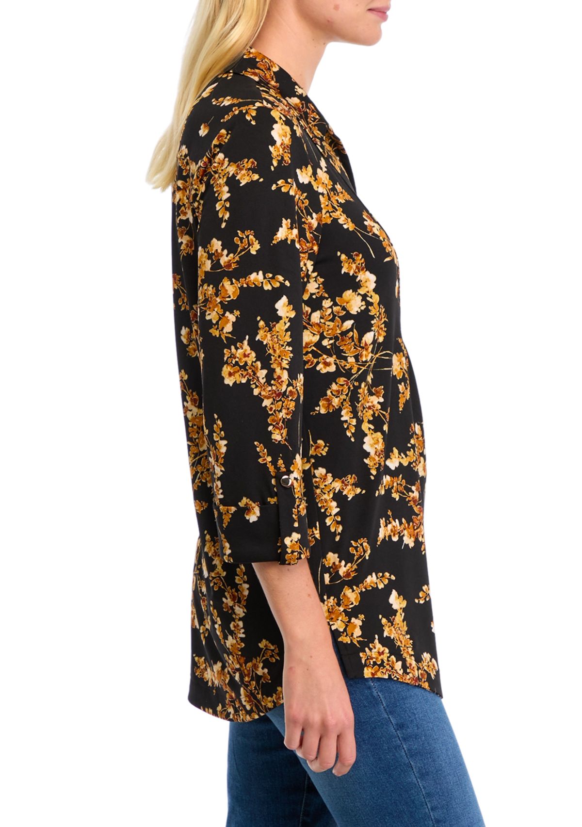 Womens 3/4 Sleeve Floral Split Neck Top 
