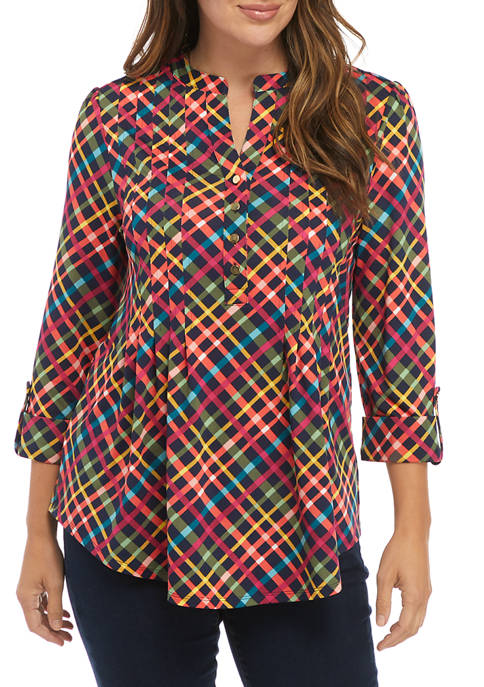 Womens 3/4 Roll Tab Sleeve Multicolored Plaid Henley Shirt