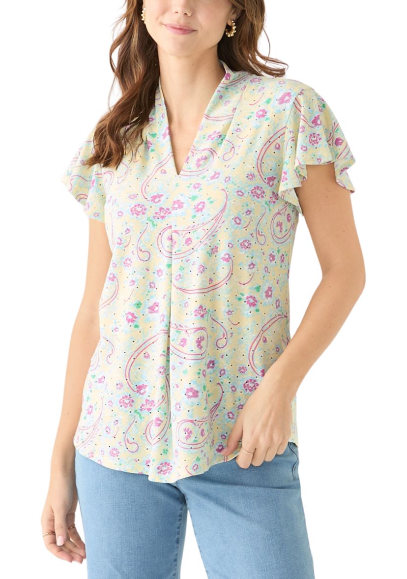 Womens Short Sleeve V-Neck Eyelet Printed Top 