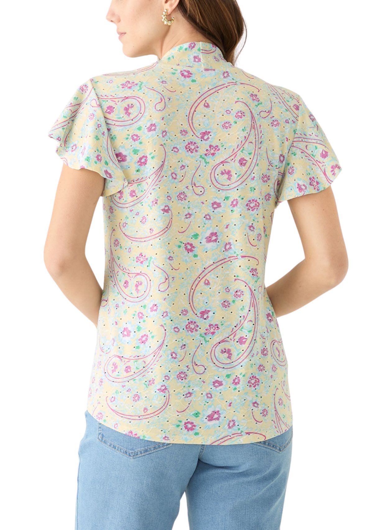 Womens Short Sleeve V-Neck Eyelet Printed Top 