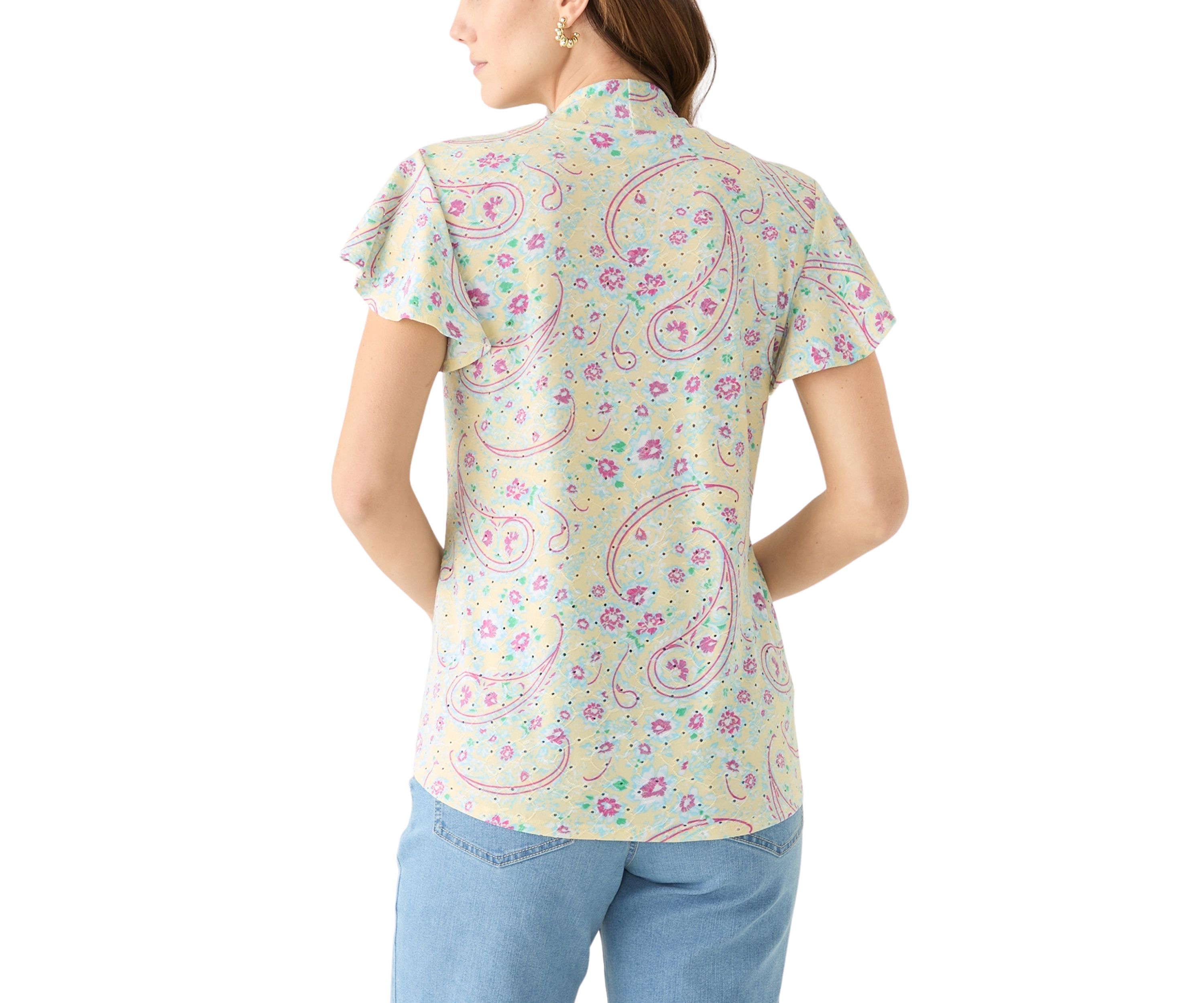 Womens Short Sleeve V-Neck Eyelet Printed Top 