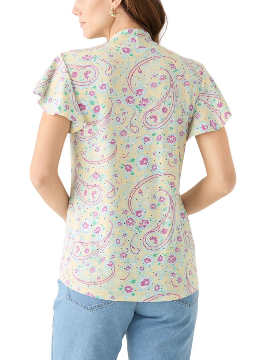 Womens Short Sleeve V-Neck Eyelet Printed Top 
