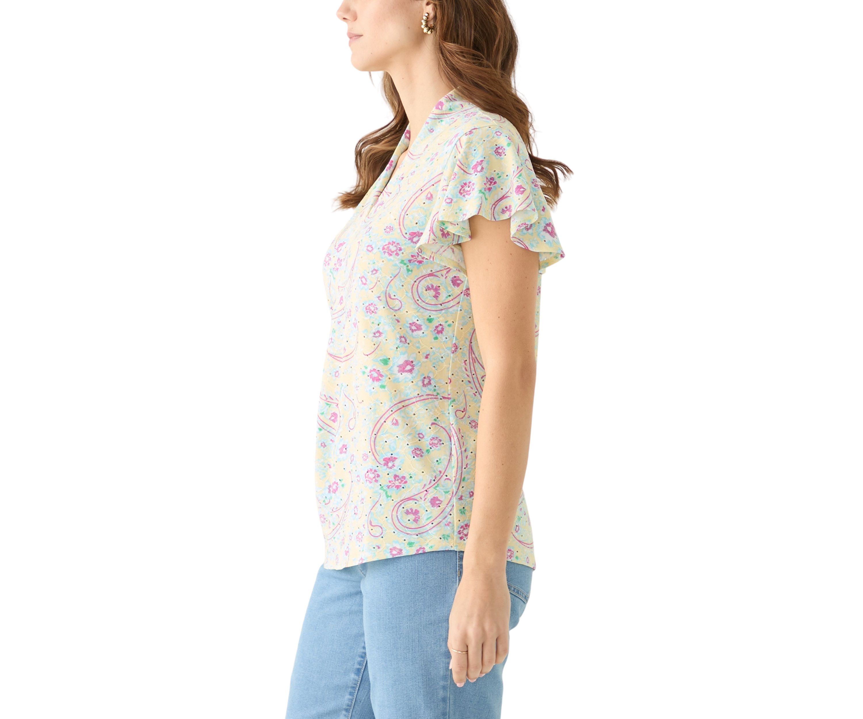 Womens Short Sleeve V-Neck Eyelet Printed Top 