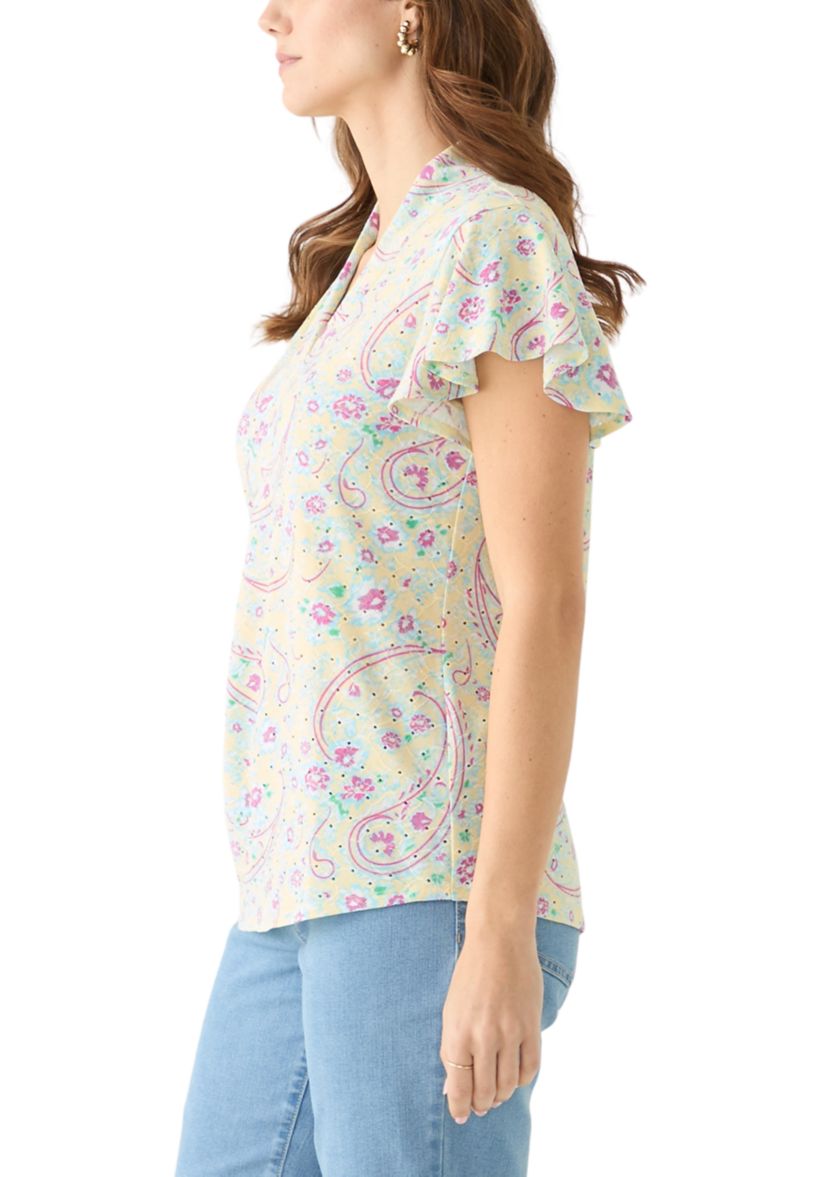 Womens Short Sleeve V-Neck Eyelet Printed Top 