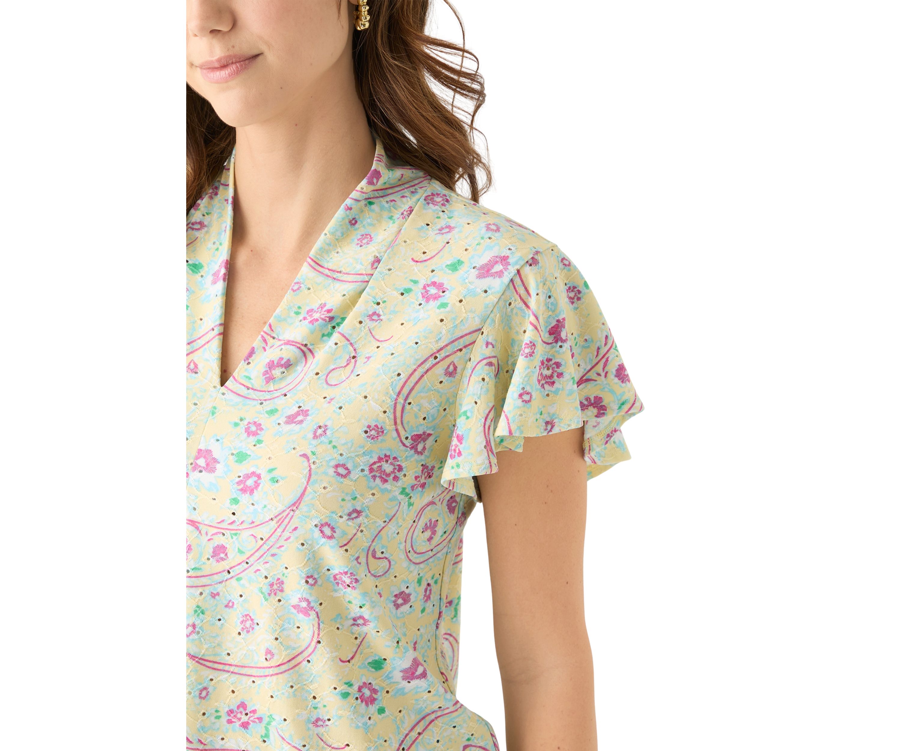 Womens Short Sleeve V-Neck Eyelet Printed Top 