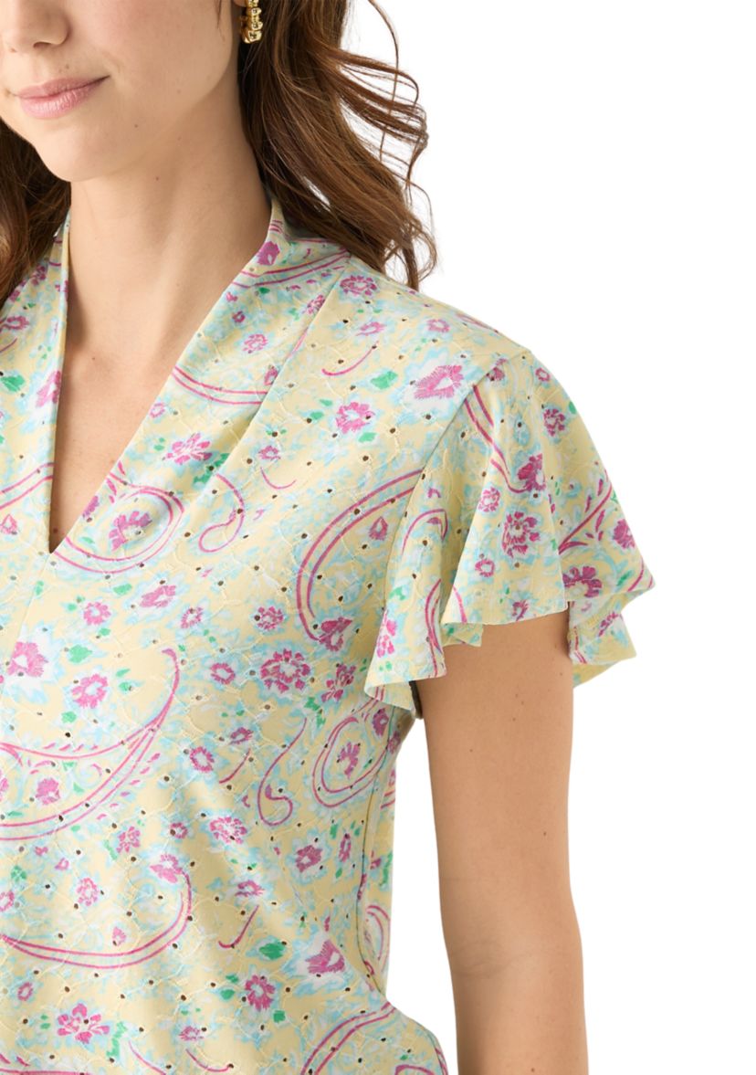 Womens Short Sleeve V-Neck Eyelet Printed Top 