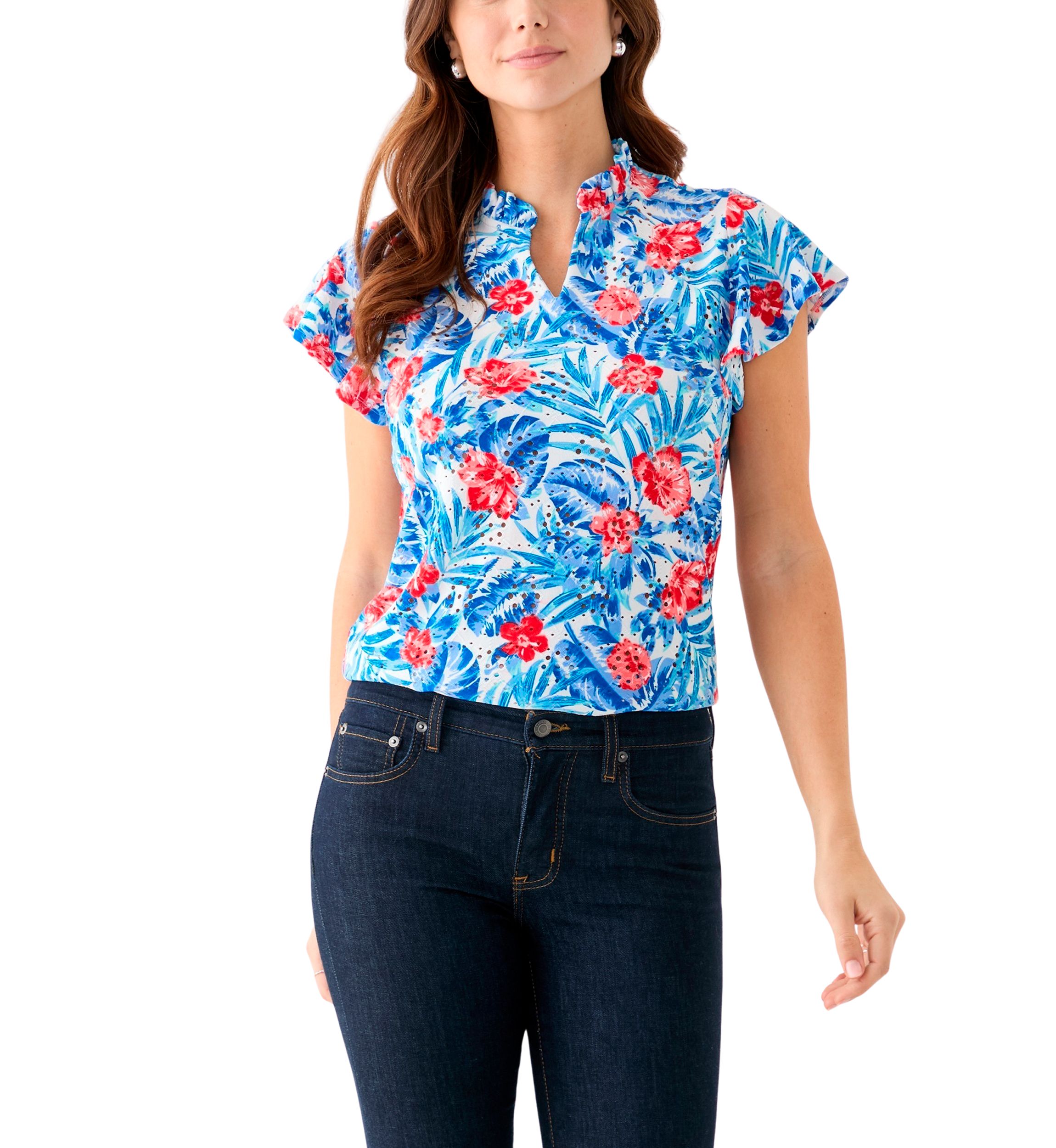 Womens Short Flutter Sleeve Ruffle Neck Floral Top