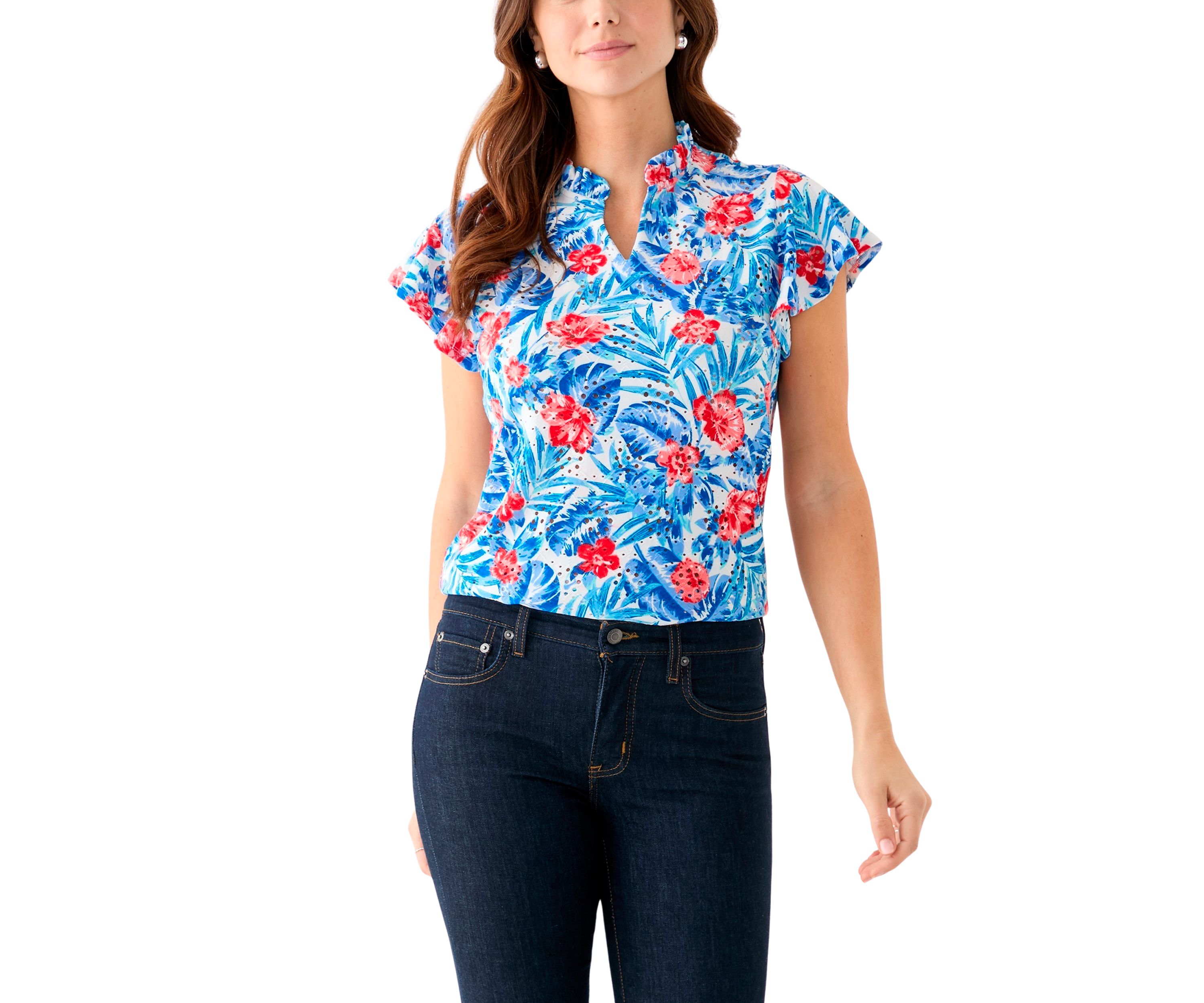 Womens Short Flutter Sleeve Ruffle Neck Floral Top