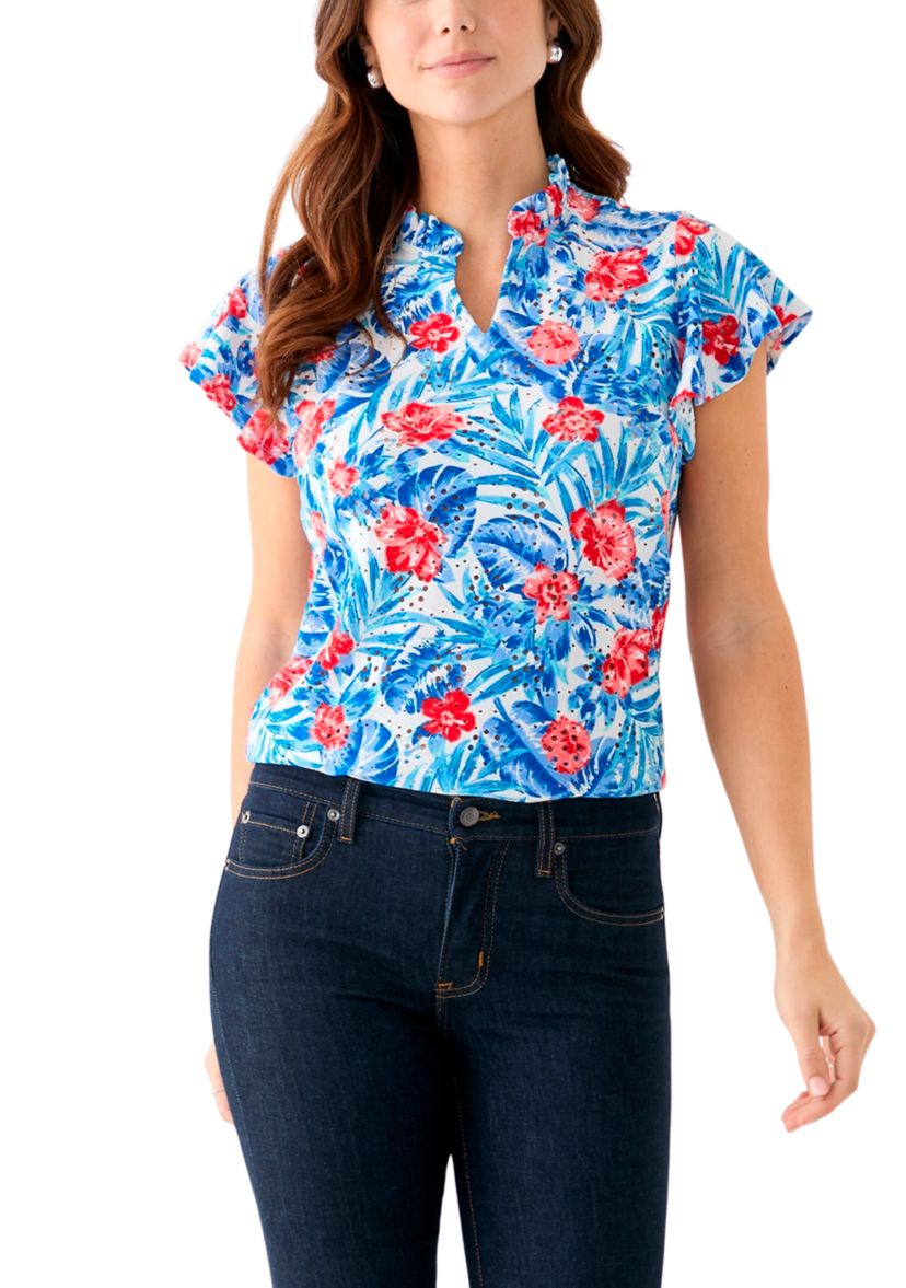 Womens Short Flutter Sleeve Ruffle Neck Floral Top