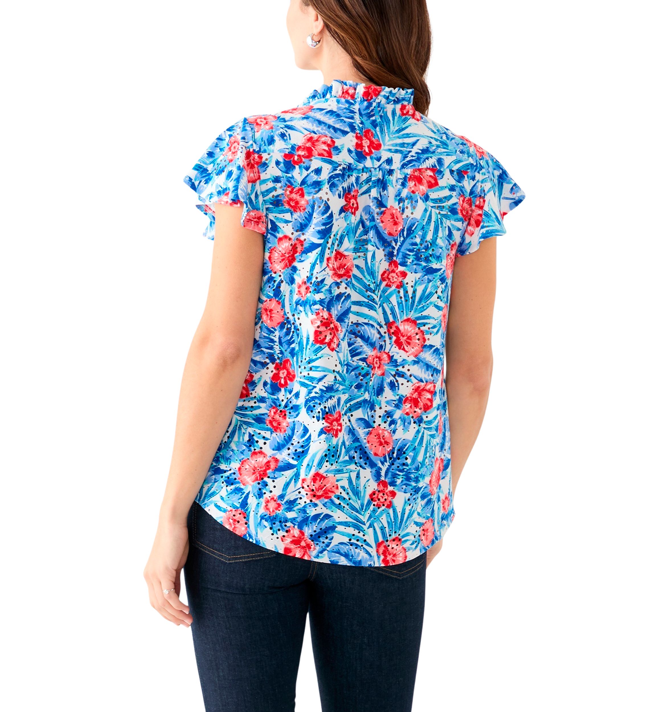 Womens Short Flutter Sleeve Ruffle Neck Floral Top