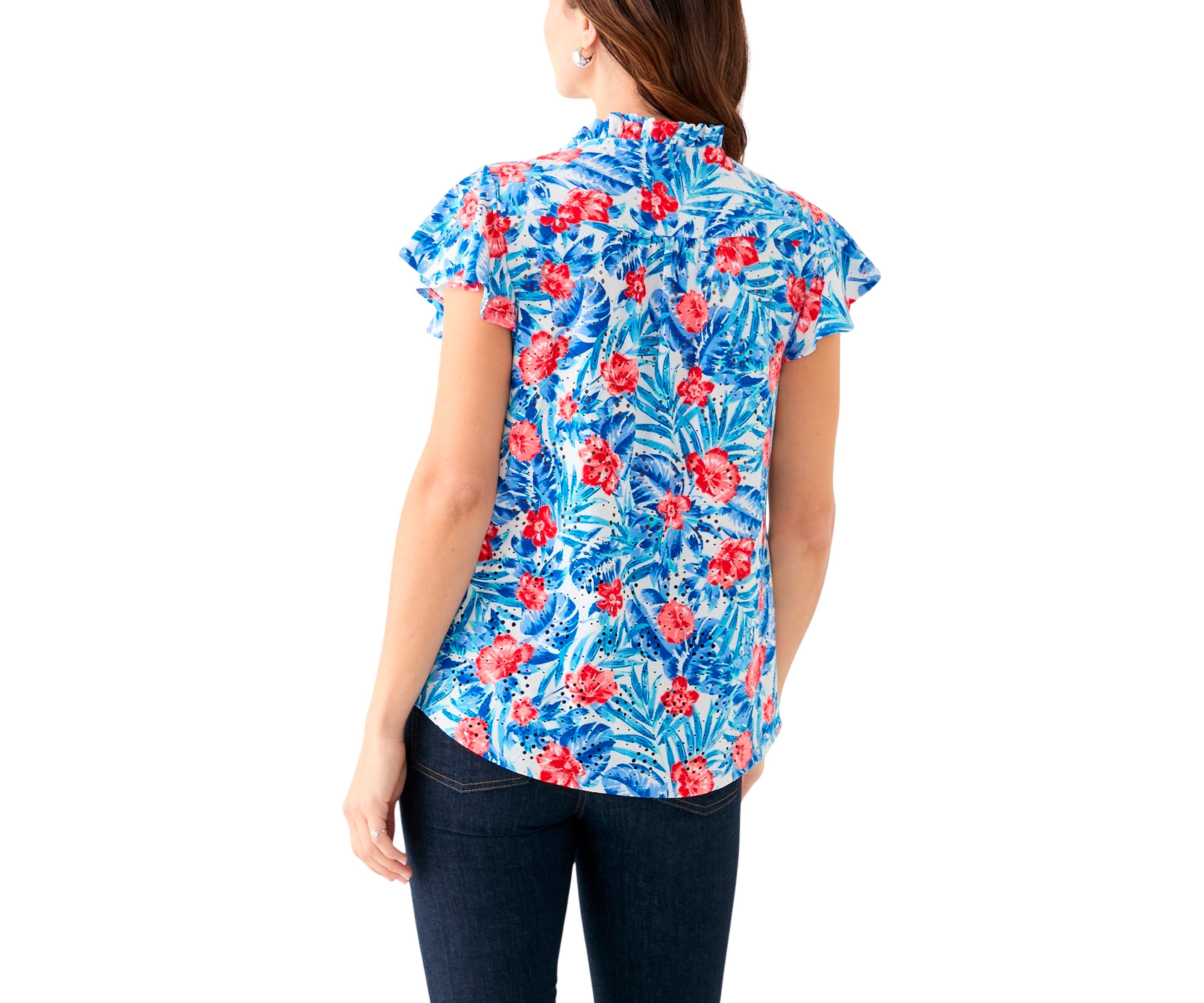 Womens Short Flutter Sleeve Ruffle Neck Floral Top