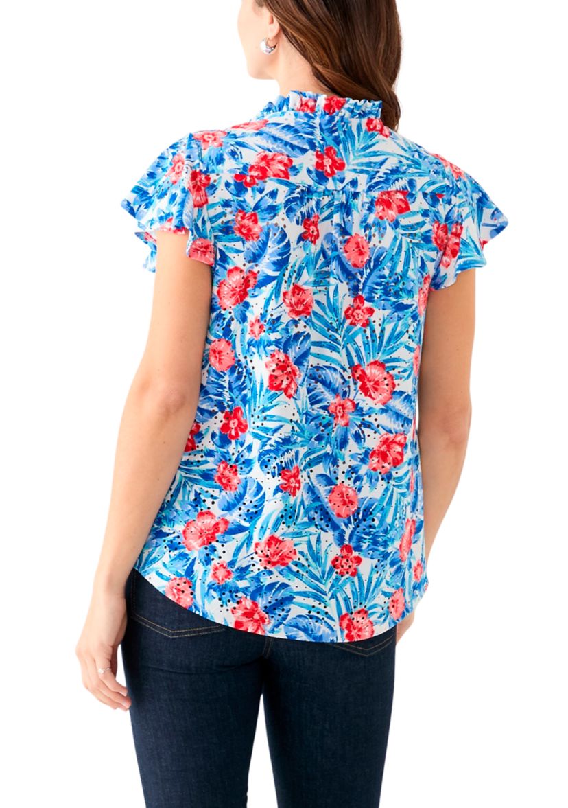 Womens Short Flutter Sleeve Ruffle Neck Floral Top