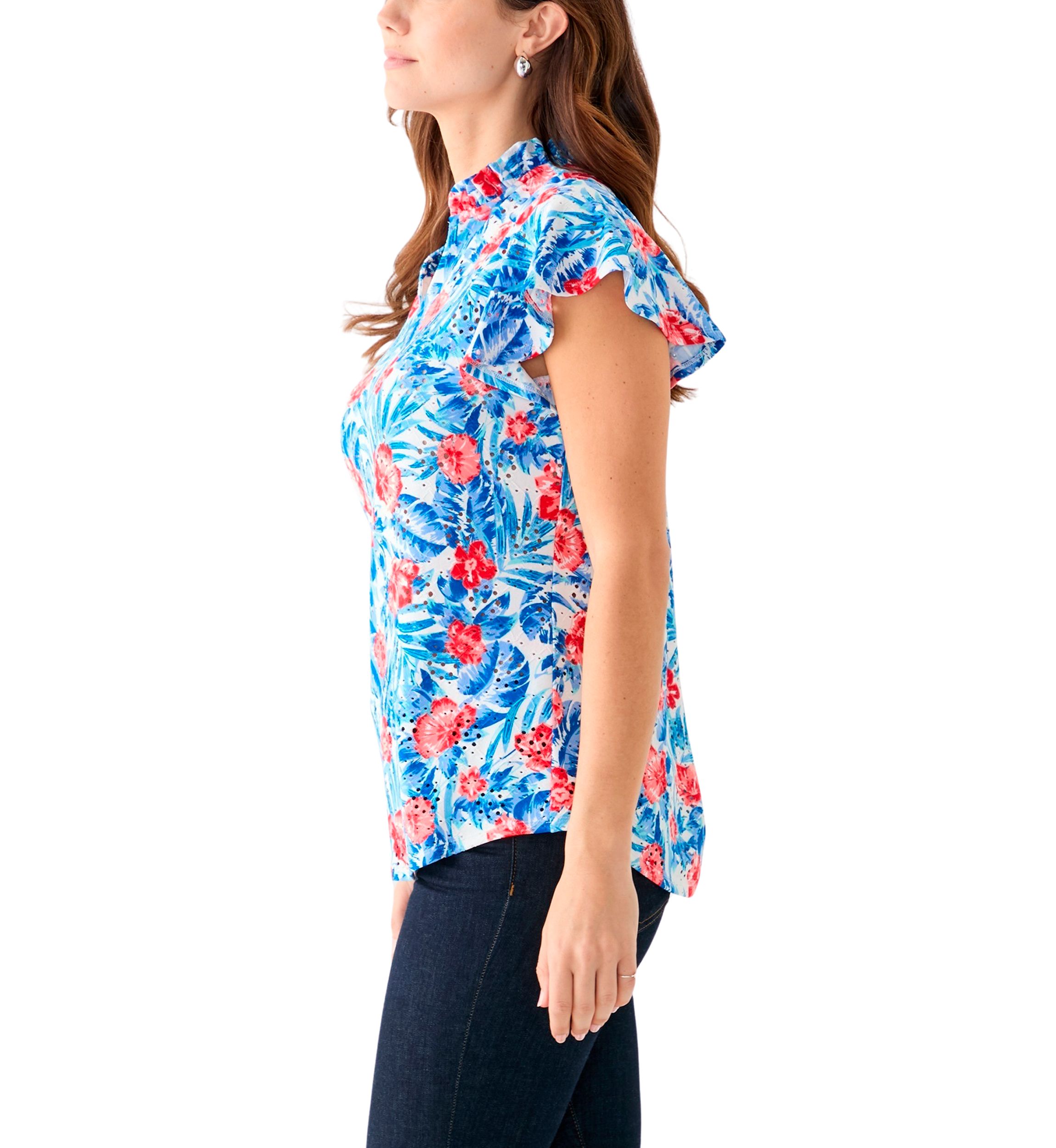 Womens Short Flutter Sleeve Ruffle Neck Floral Top