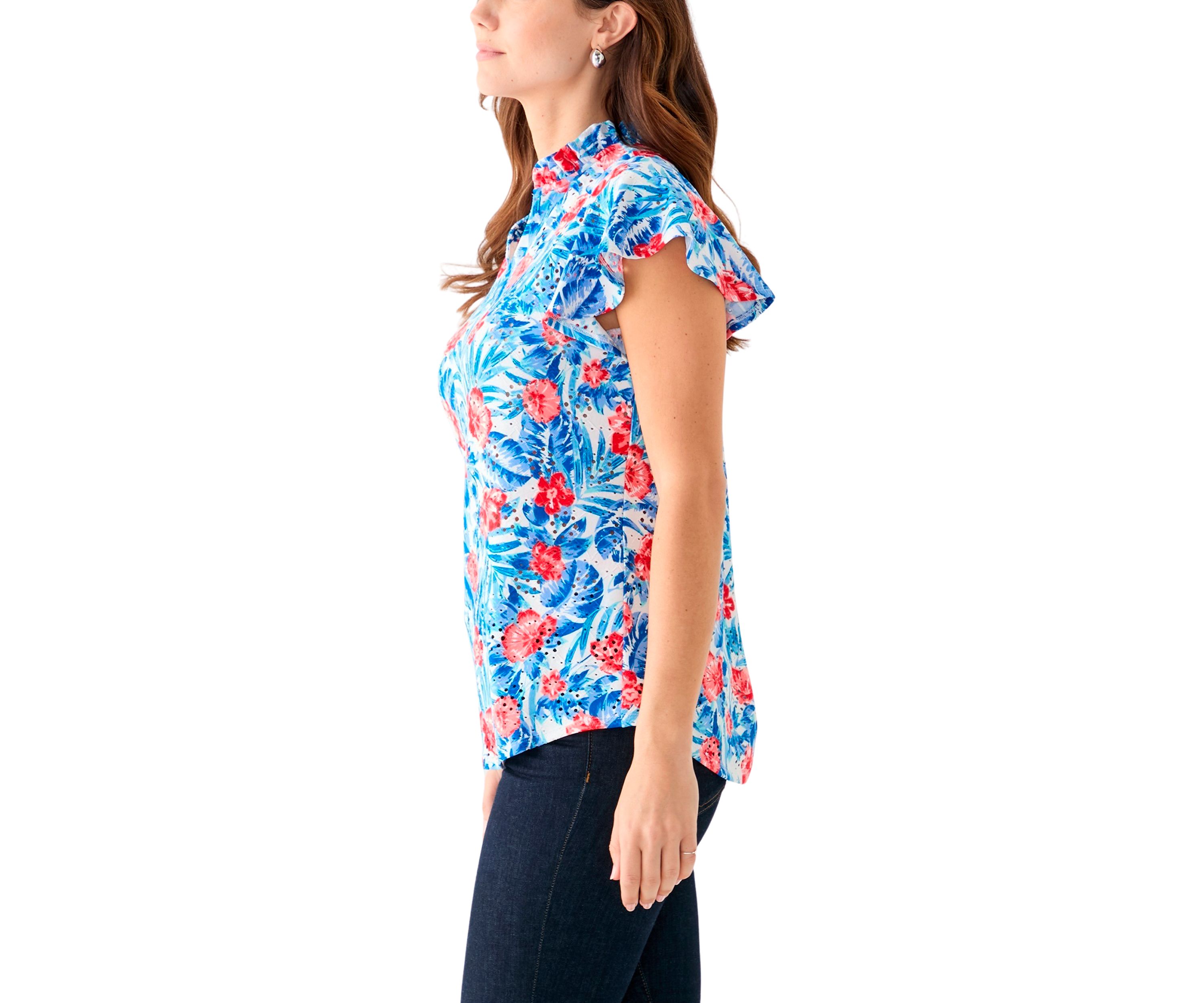 Womens Short Flutter Sleeve Ruffle Neck Floral Top