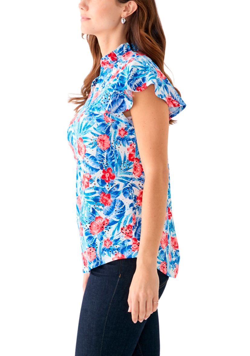 Womens Short Flutter Sleeve Ruffle Neck Floral Top