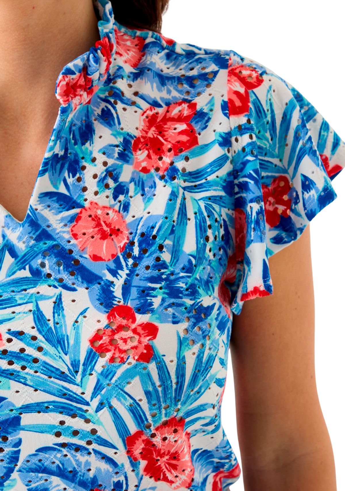 Womens Short Flutter Sleeve Ruffle Neck Floral Top