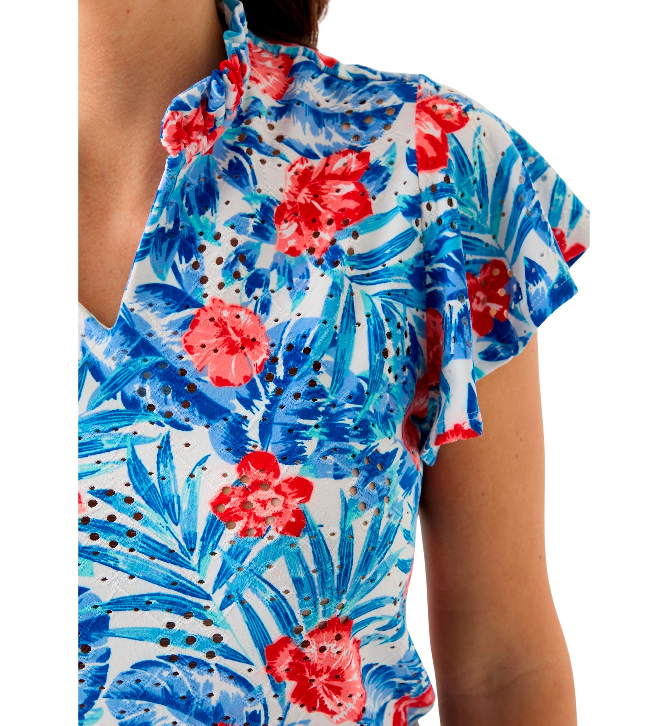 Womens Short Flutter Sleeve Ruffle Neck Floral Top