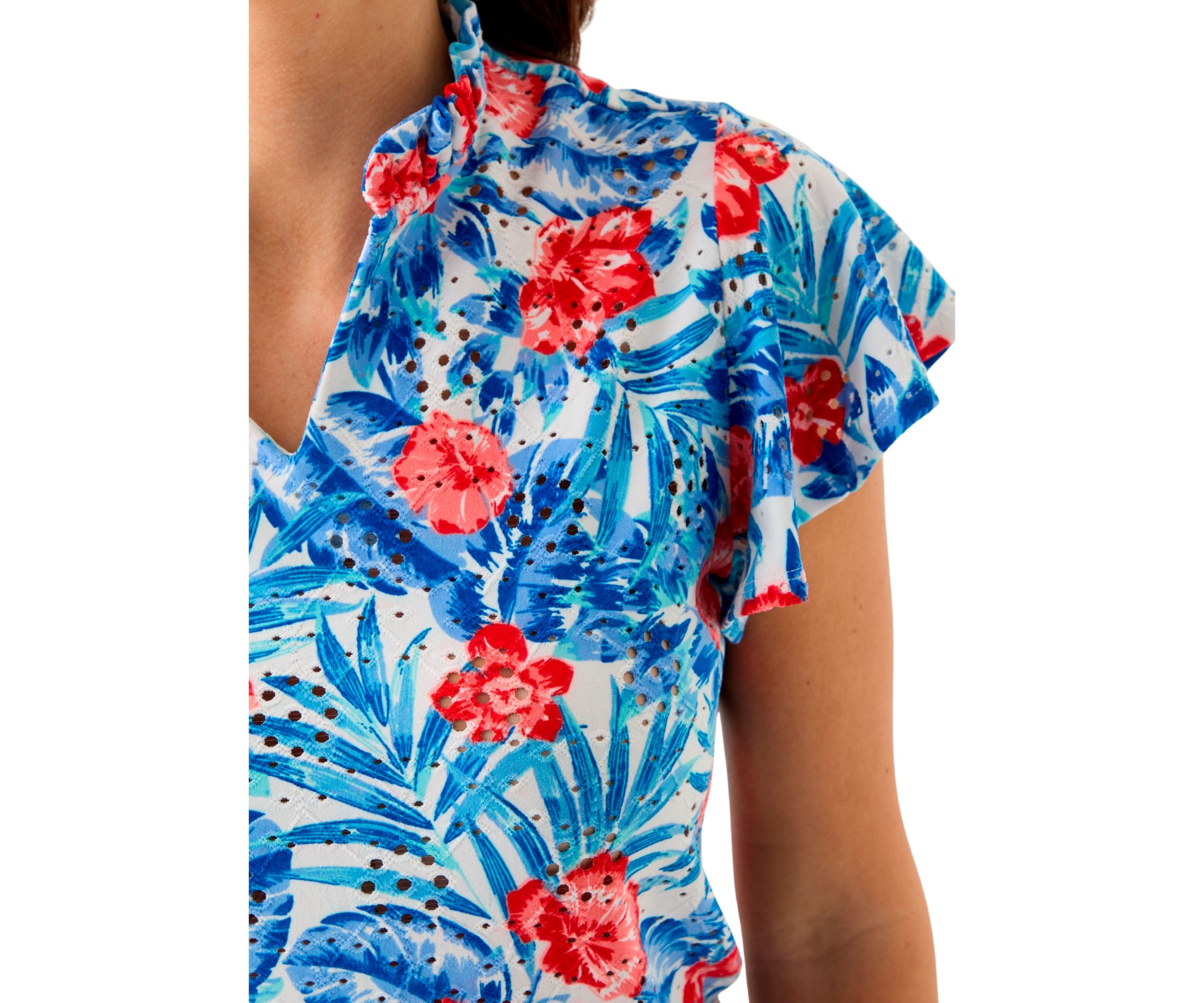 Womens Short Flutter Sleeve Ruffle Neck Floral Top