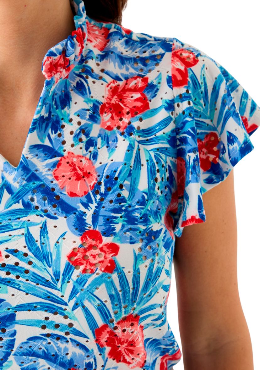 Womens Short Flutter Sleeve Ruffle Neck Floral Top