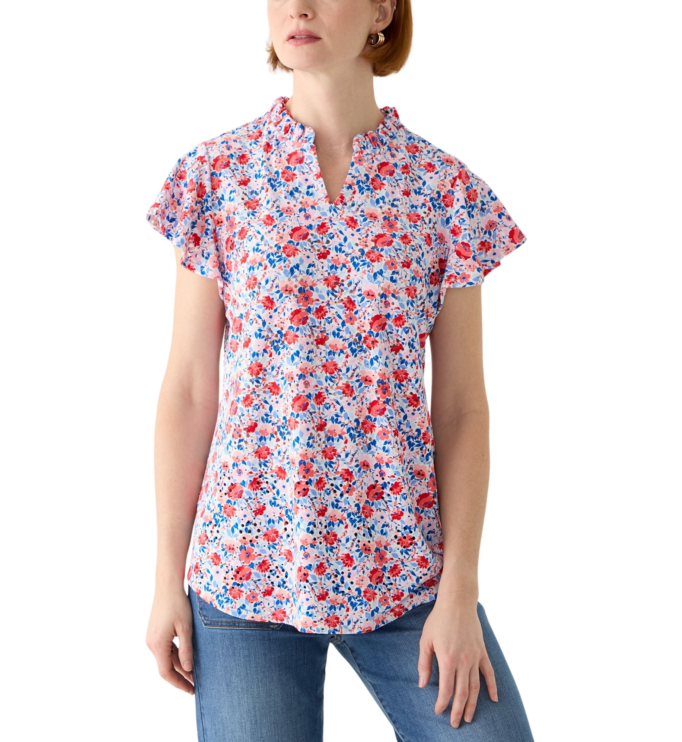 Womens Short Sleeve Printed Knit Henley Top