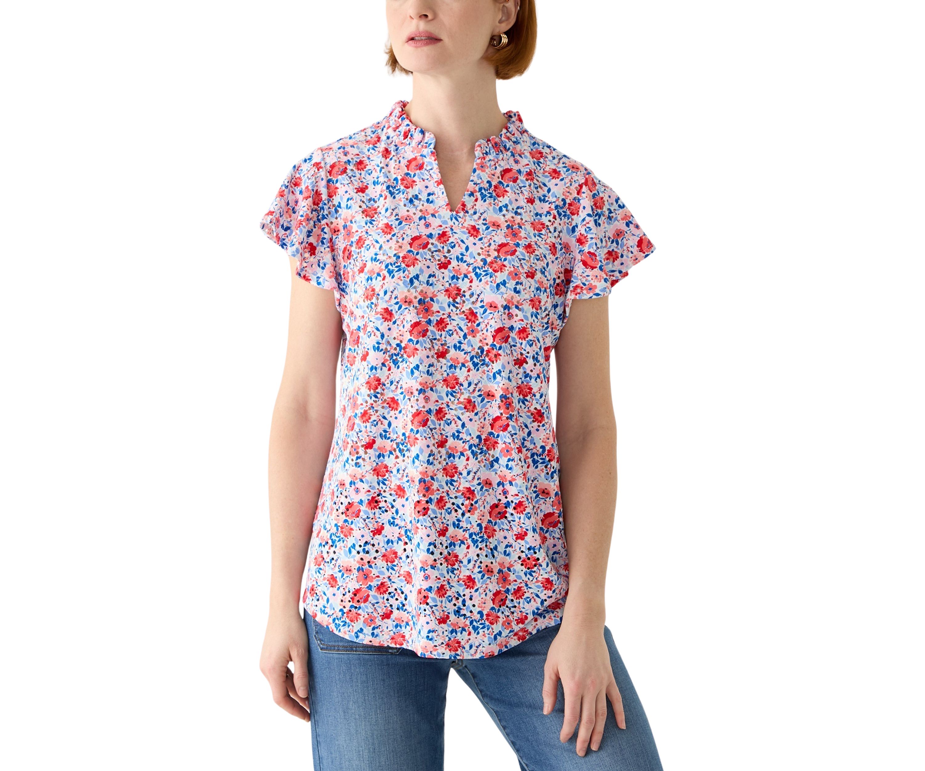 Womens Short Sleeve Printed Knit Henley Top
