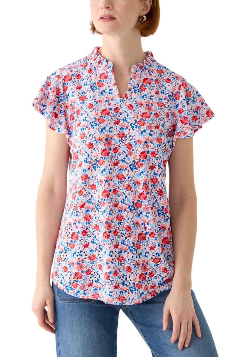 Womens Short Sleeve Printed Knit Henley Top