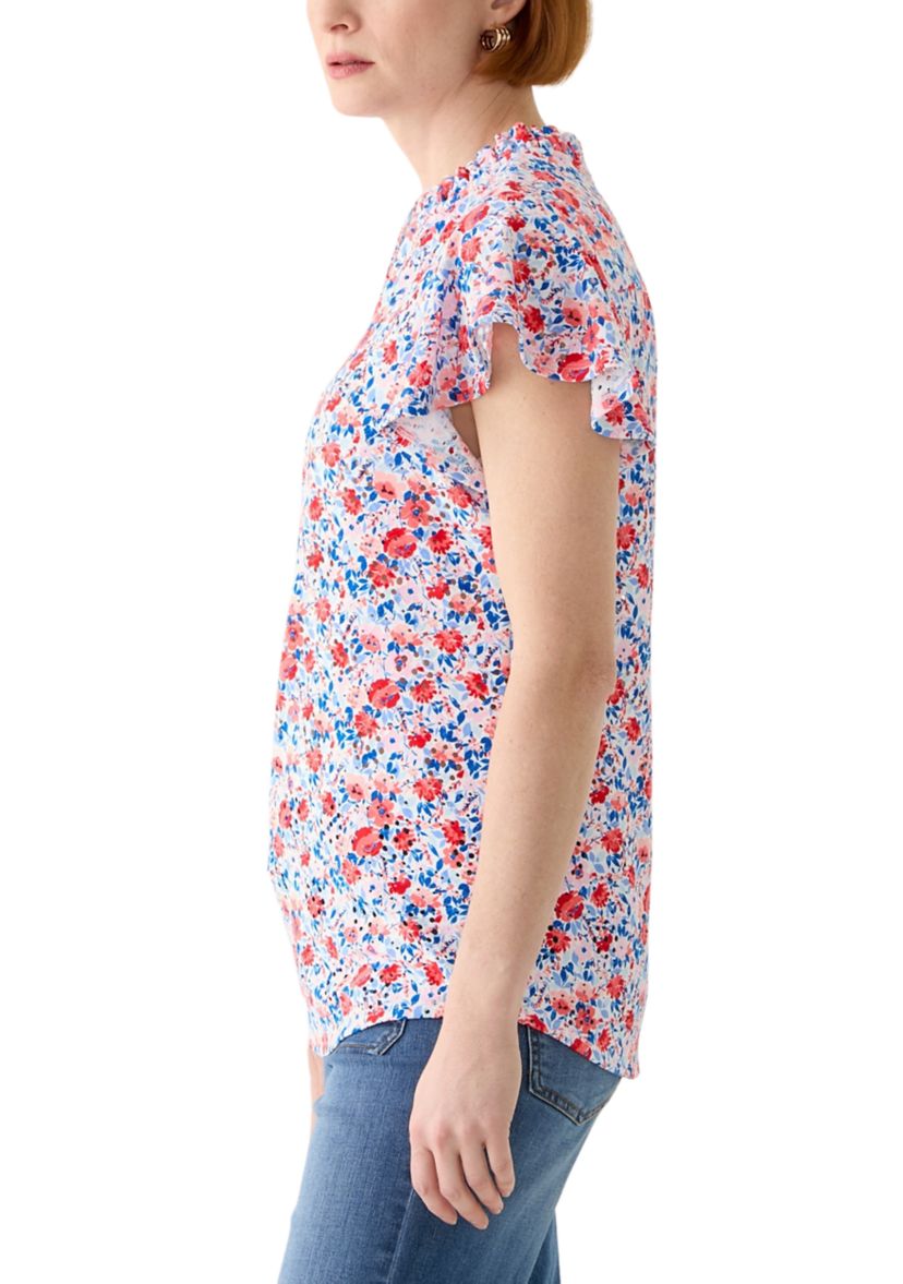 Womens Short Sleeve Printed Knit Henley Top