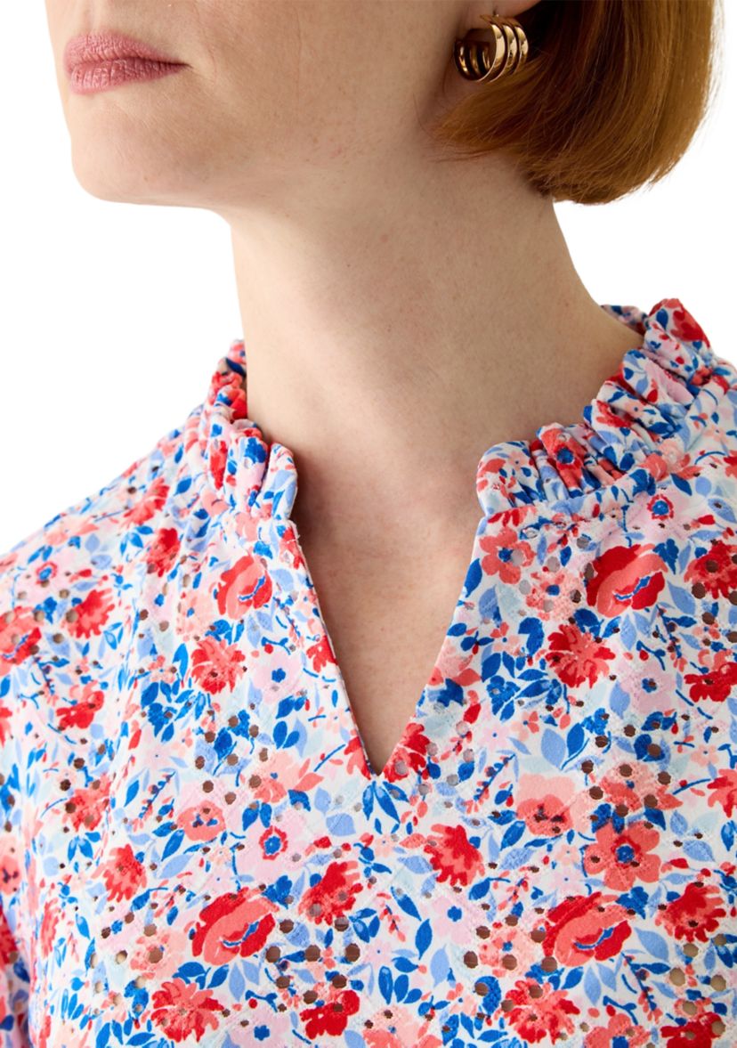Womens Short Sleeve Printed Knit Henley Top