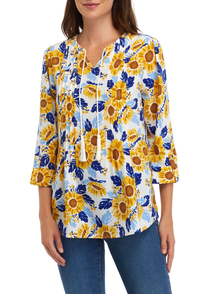 Womens Tassel Floral Henley Shirt 