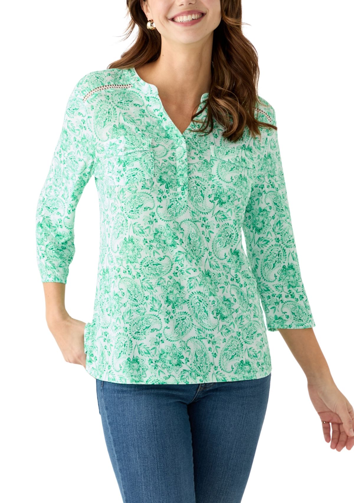 Womens Knit Henley Trim Printed Top