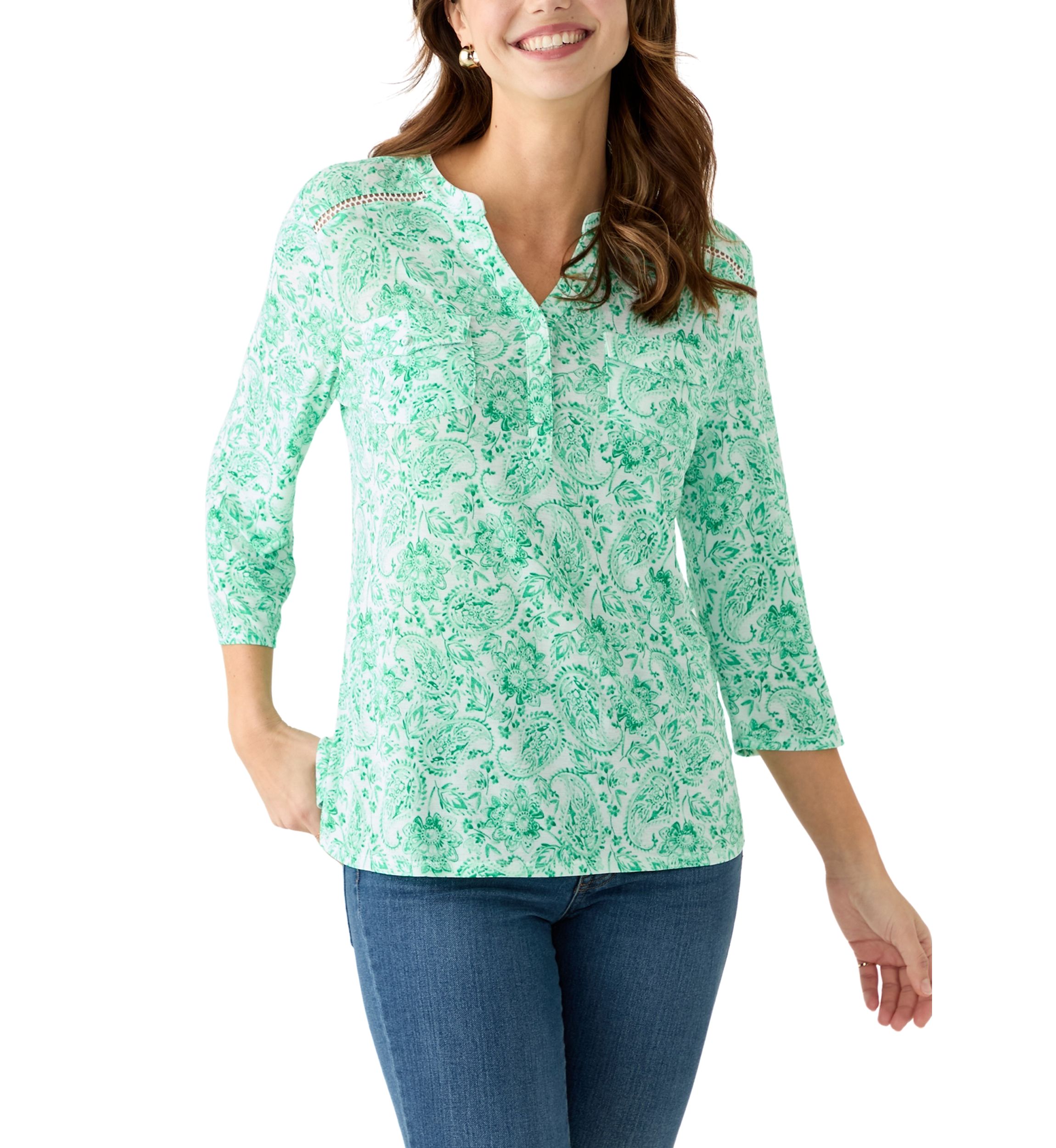 Womens Knit Henley Trim Printed Top