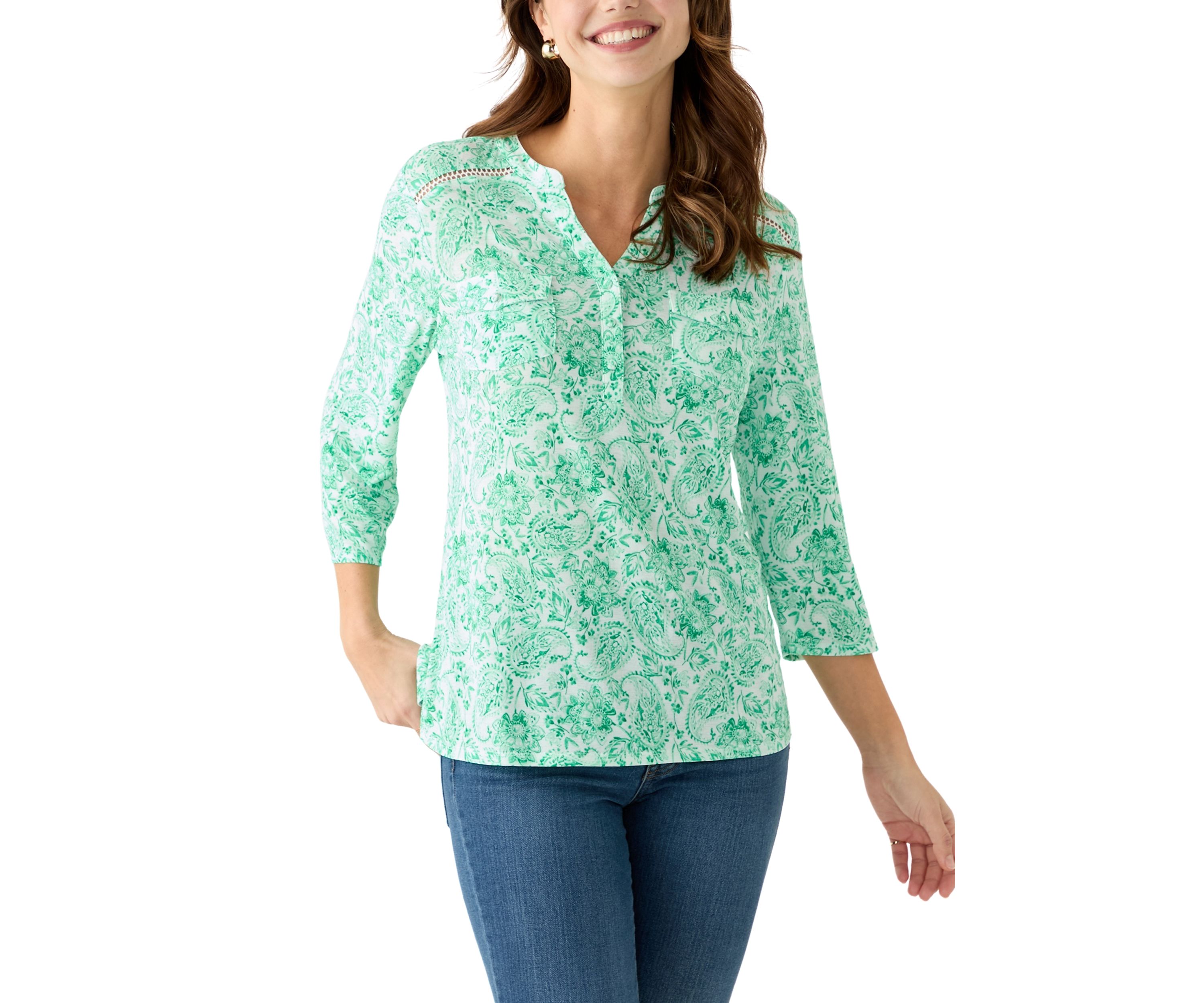 Womens Knit Henley Trim Printed Top