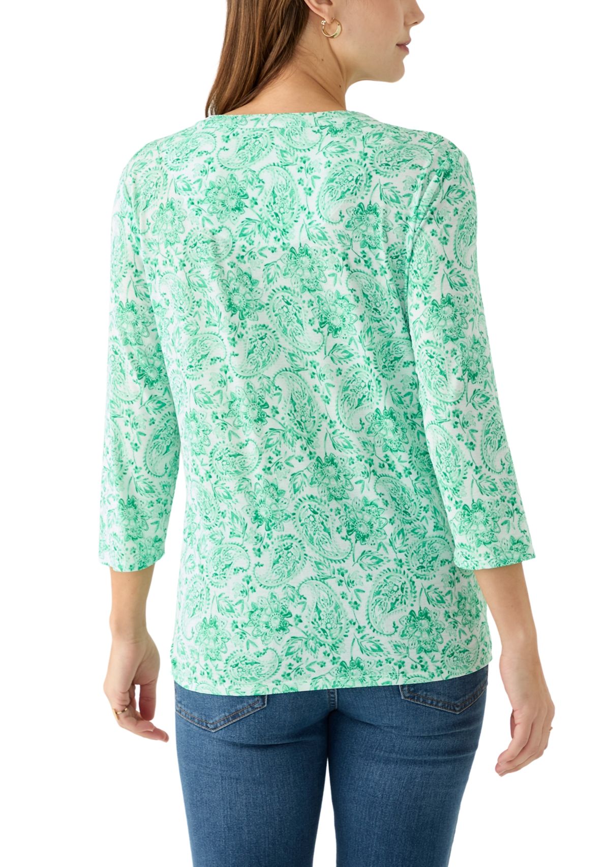 Womens Knit Henley Trim Printed Top