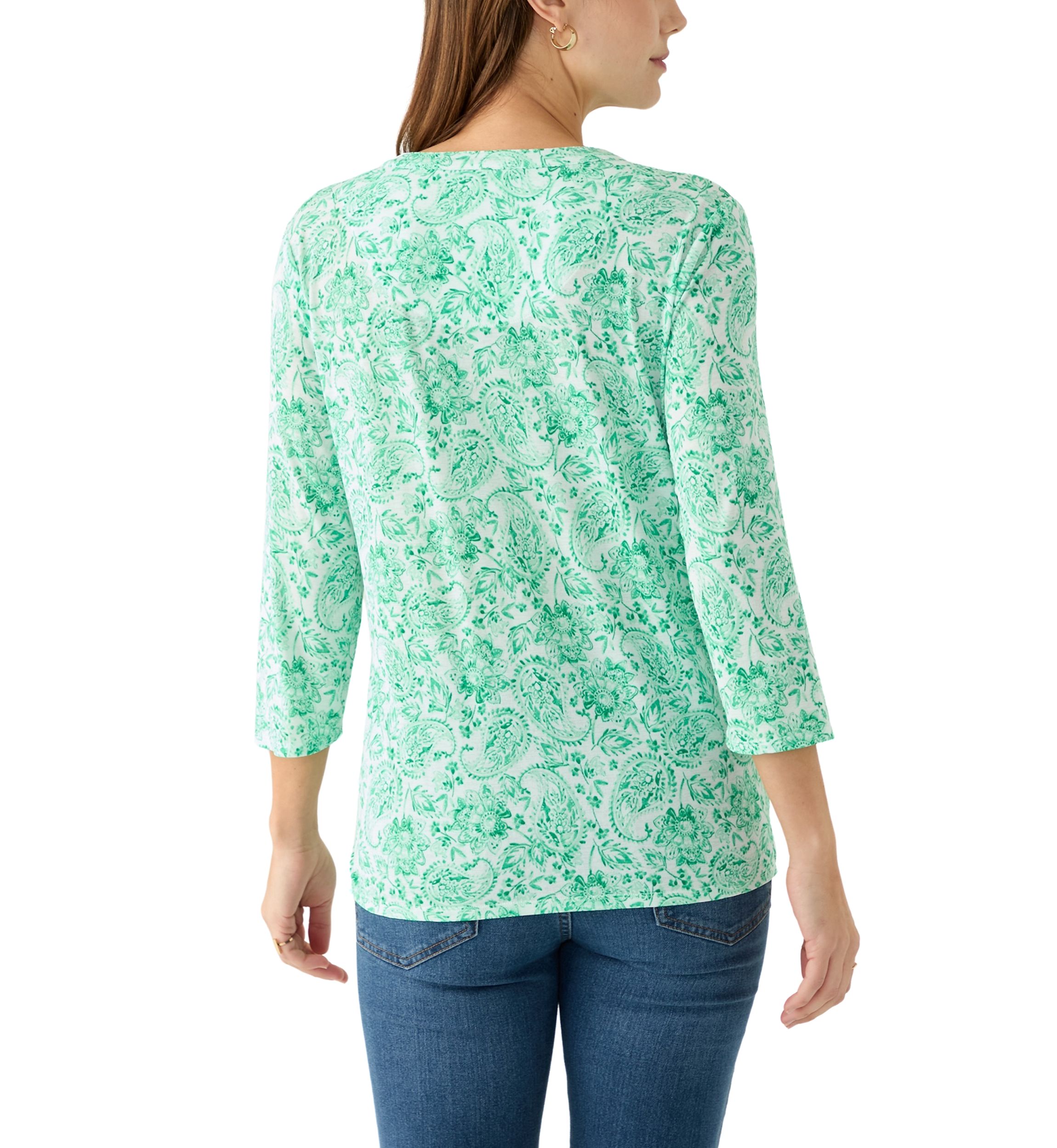 Womens Knit Henley Trim Printed Top