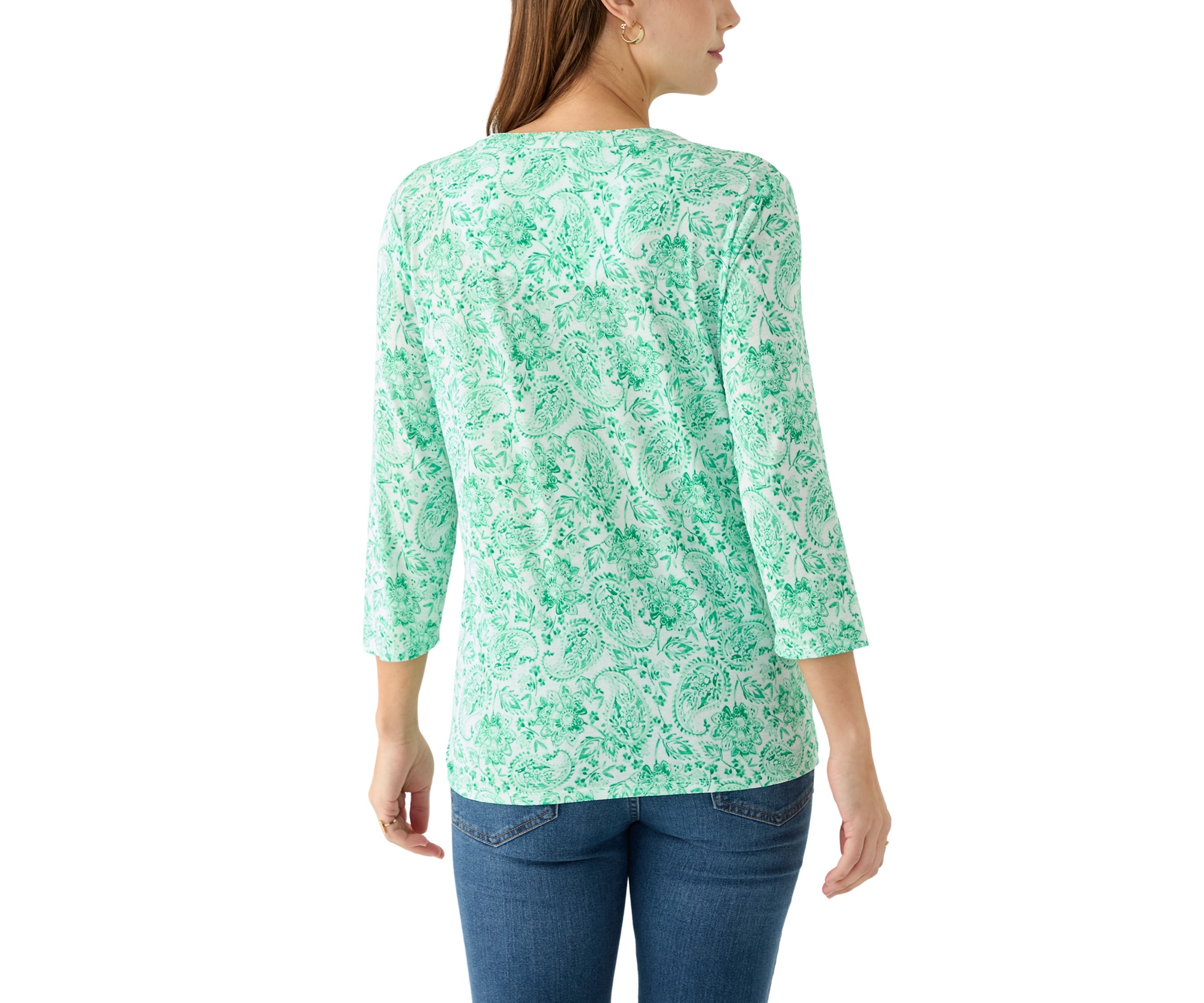 Womens Knit Henley Trim Printed Top