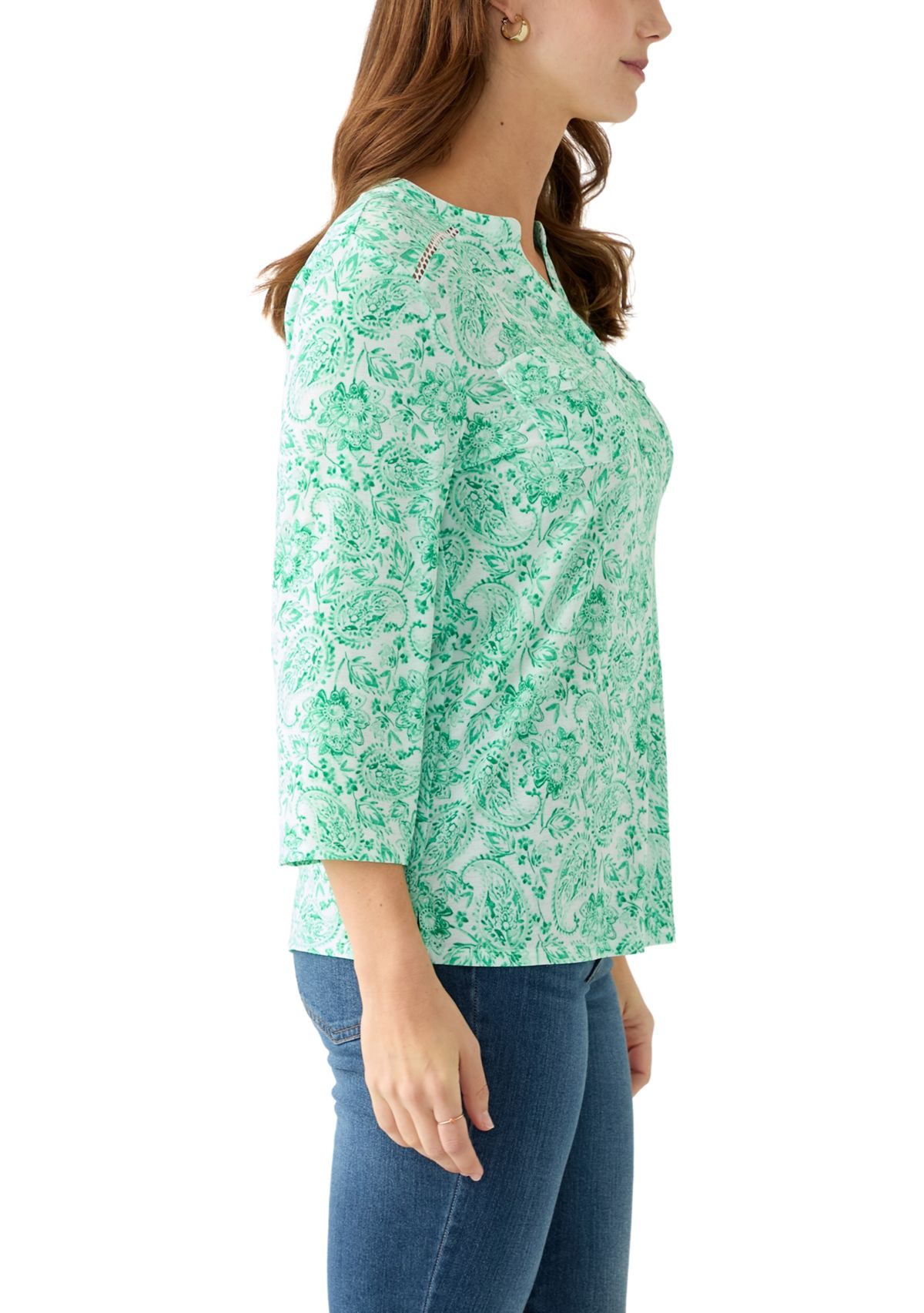 Womens Knit Henley Trim Printed Top