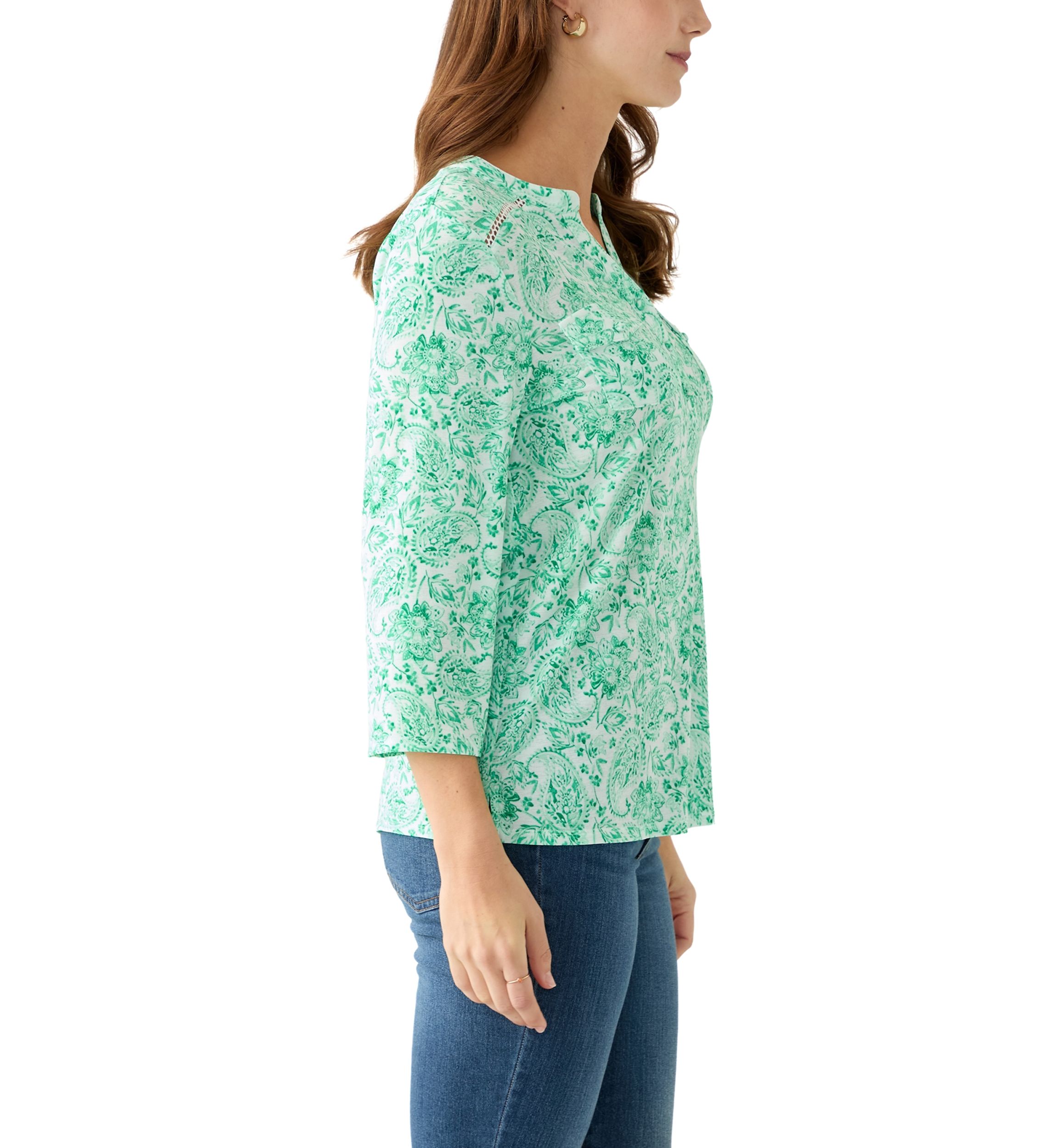 Womens Knit Henley Trim Printed Top