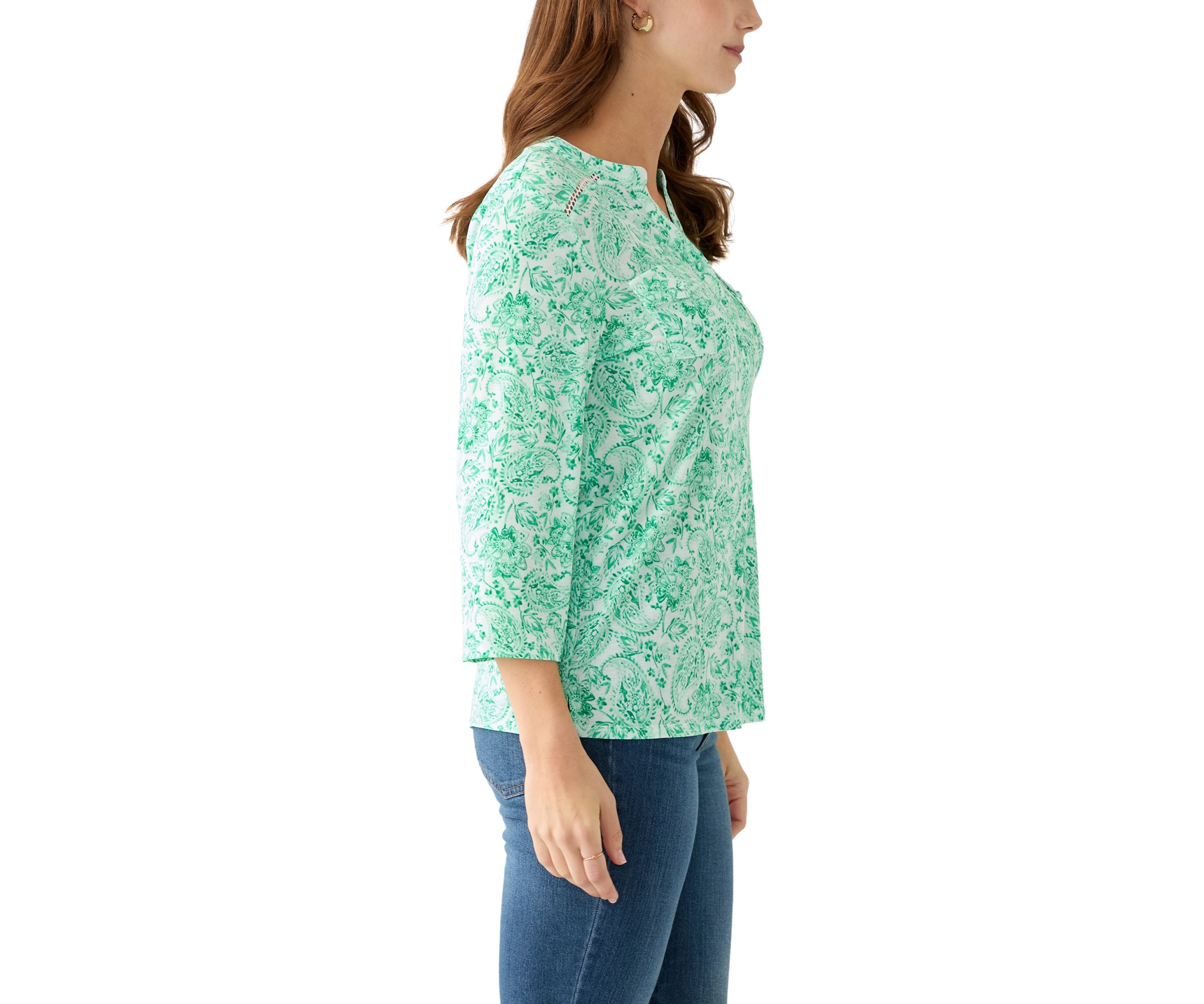 Womens Knit Henley Trim Printed Top