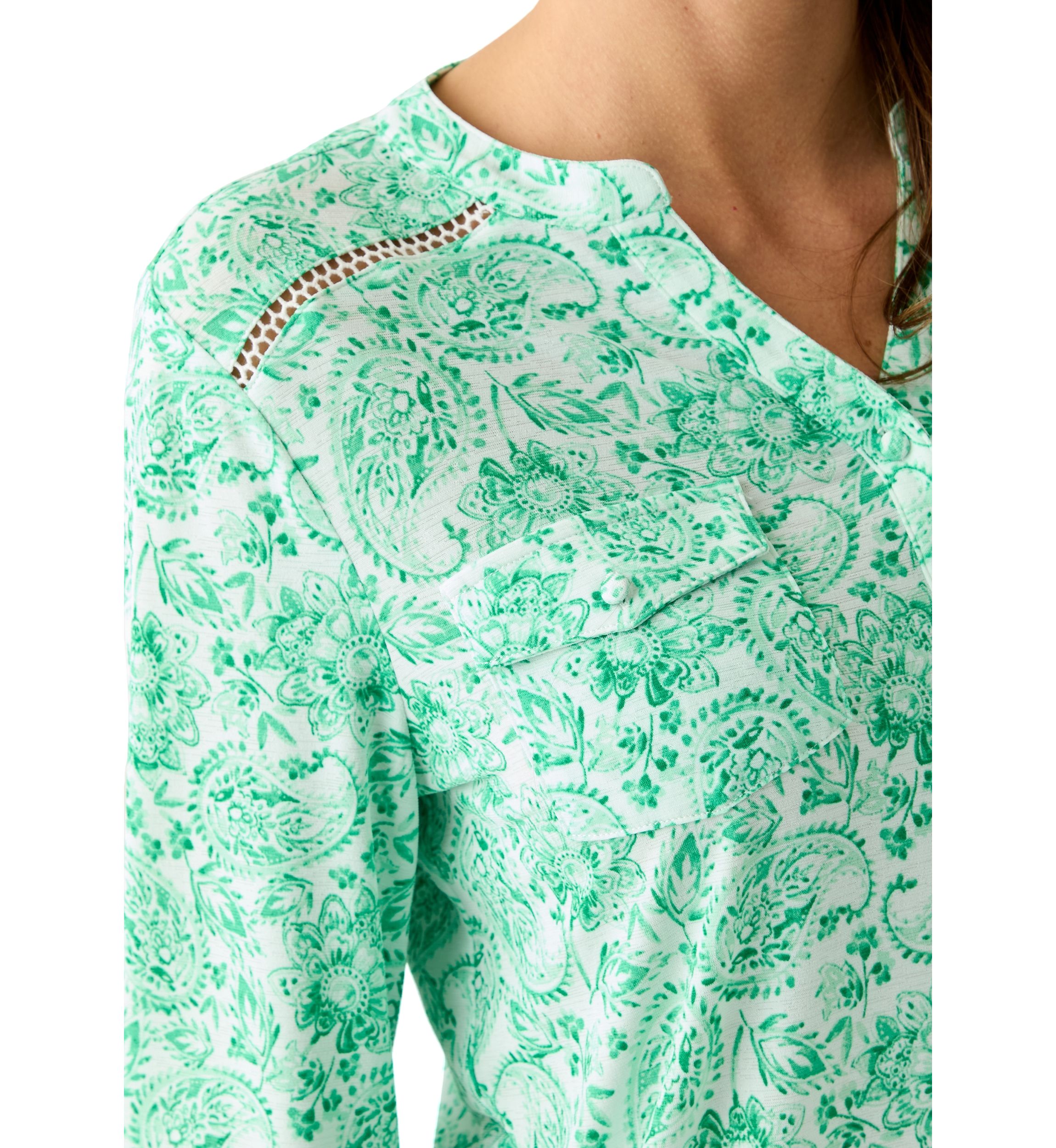 Womens Knit Henley Trim Printed Top