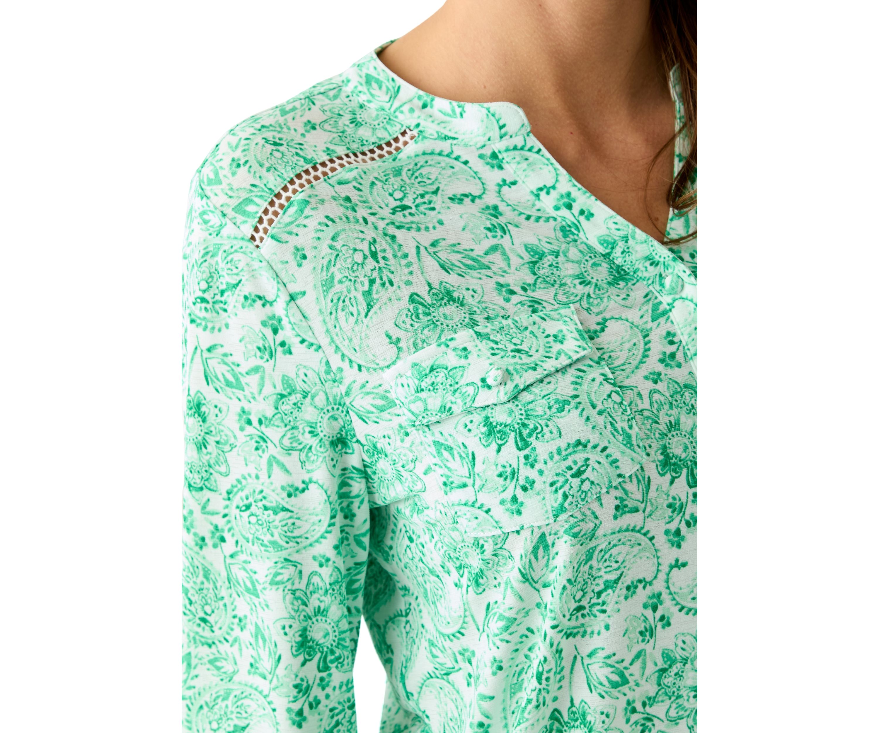 Womens Knit Henley Trim Printed Top