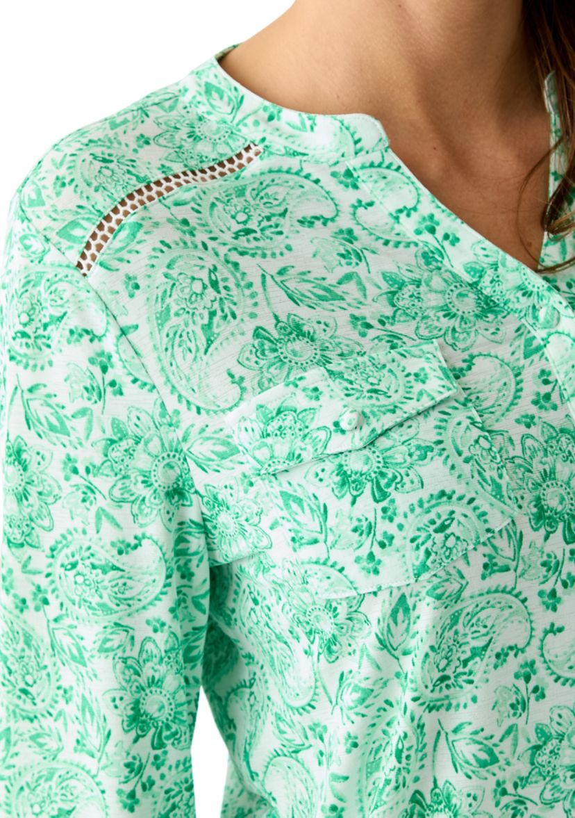 Womens Knit Henley Trim Printed Top