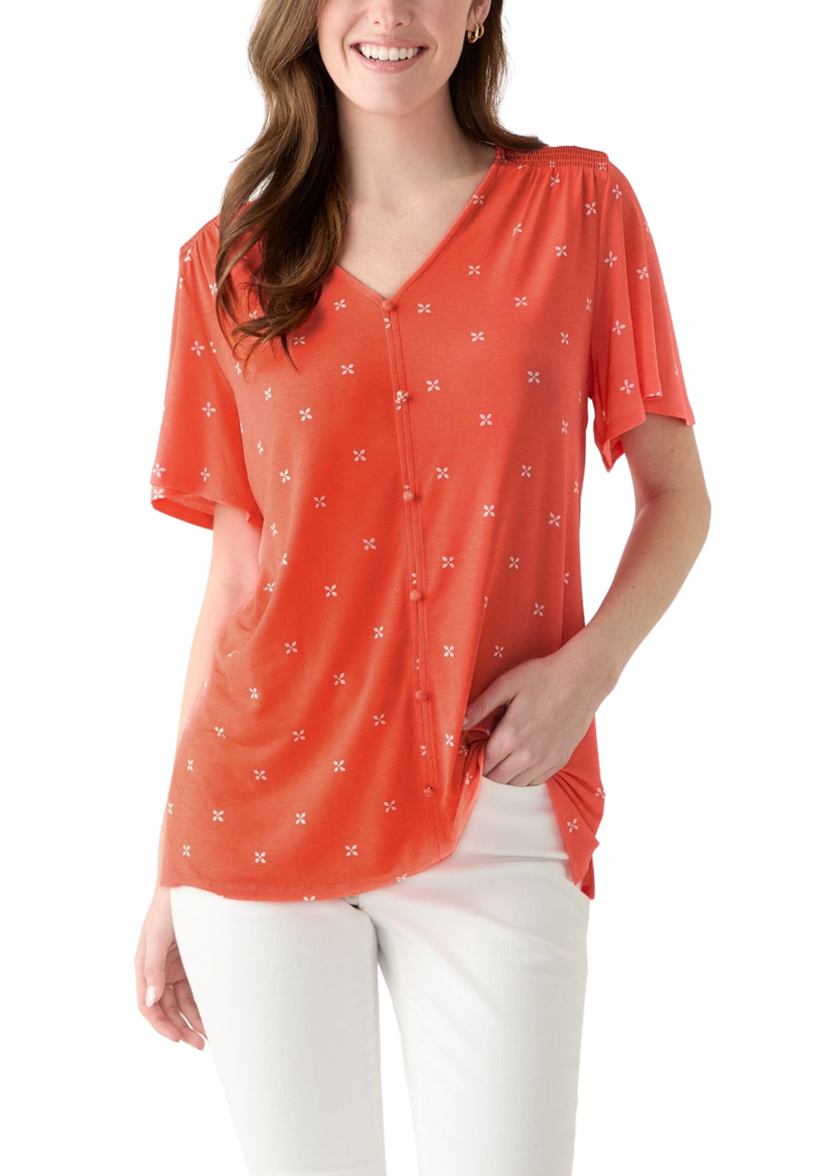 Womens Flutter Sleeve Button Front Top