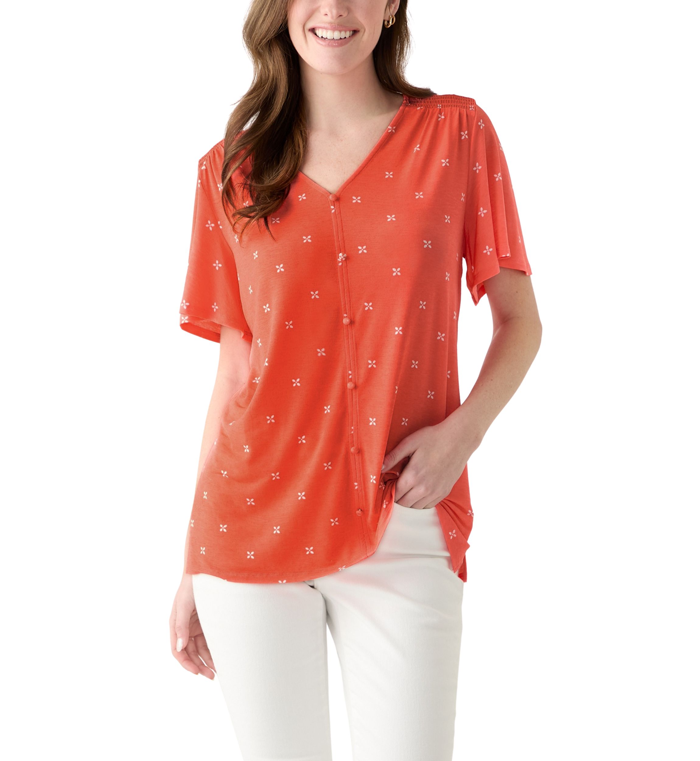 Womens Flutter Sleeve Button Front Top